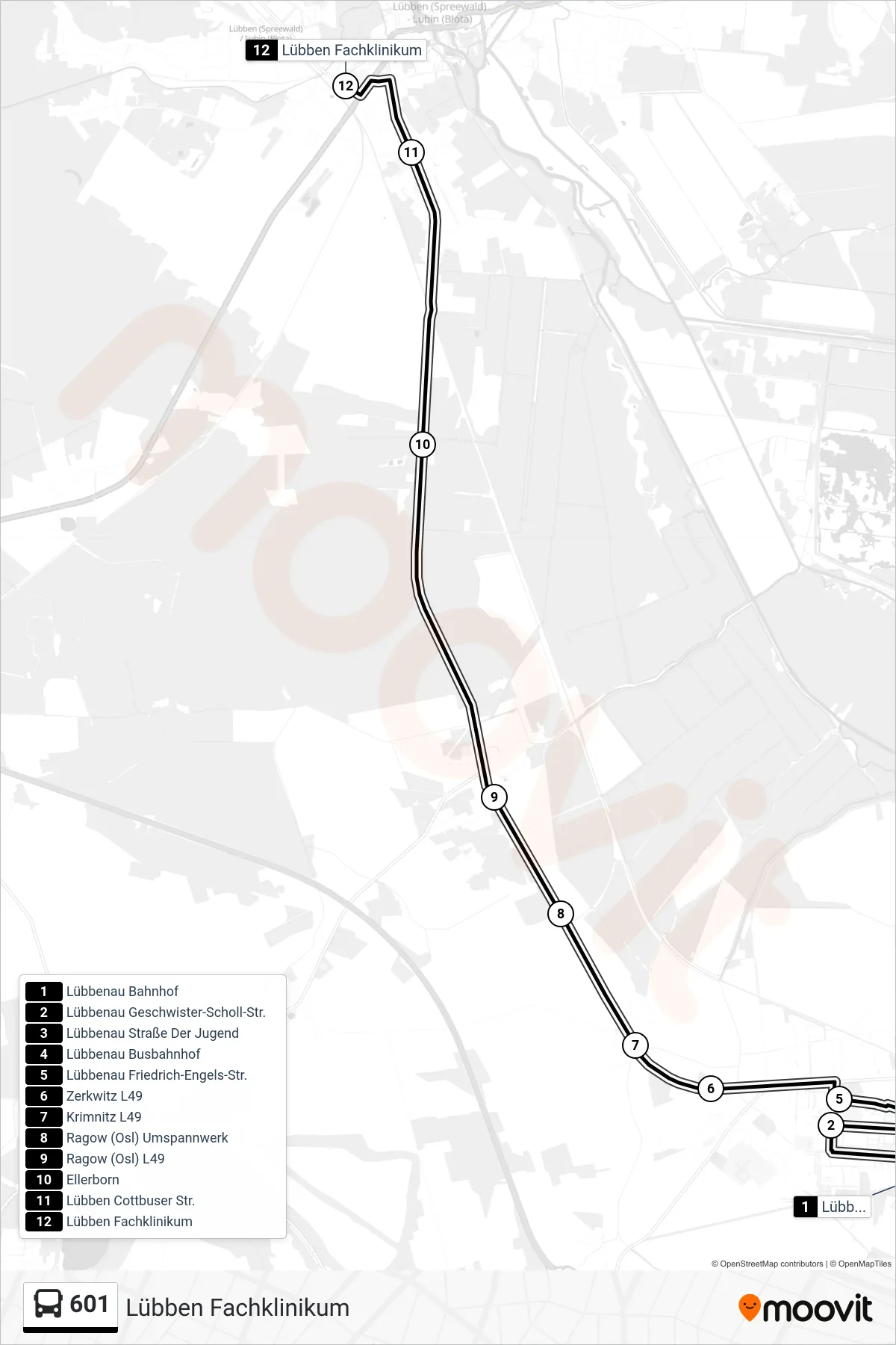 601 bus Line (Lübben Fachklinikum) route and stops on a map