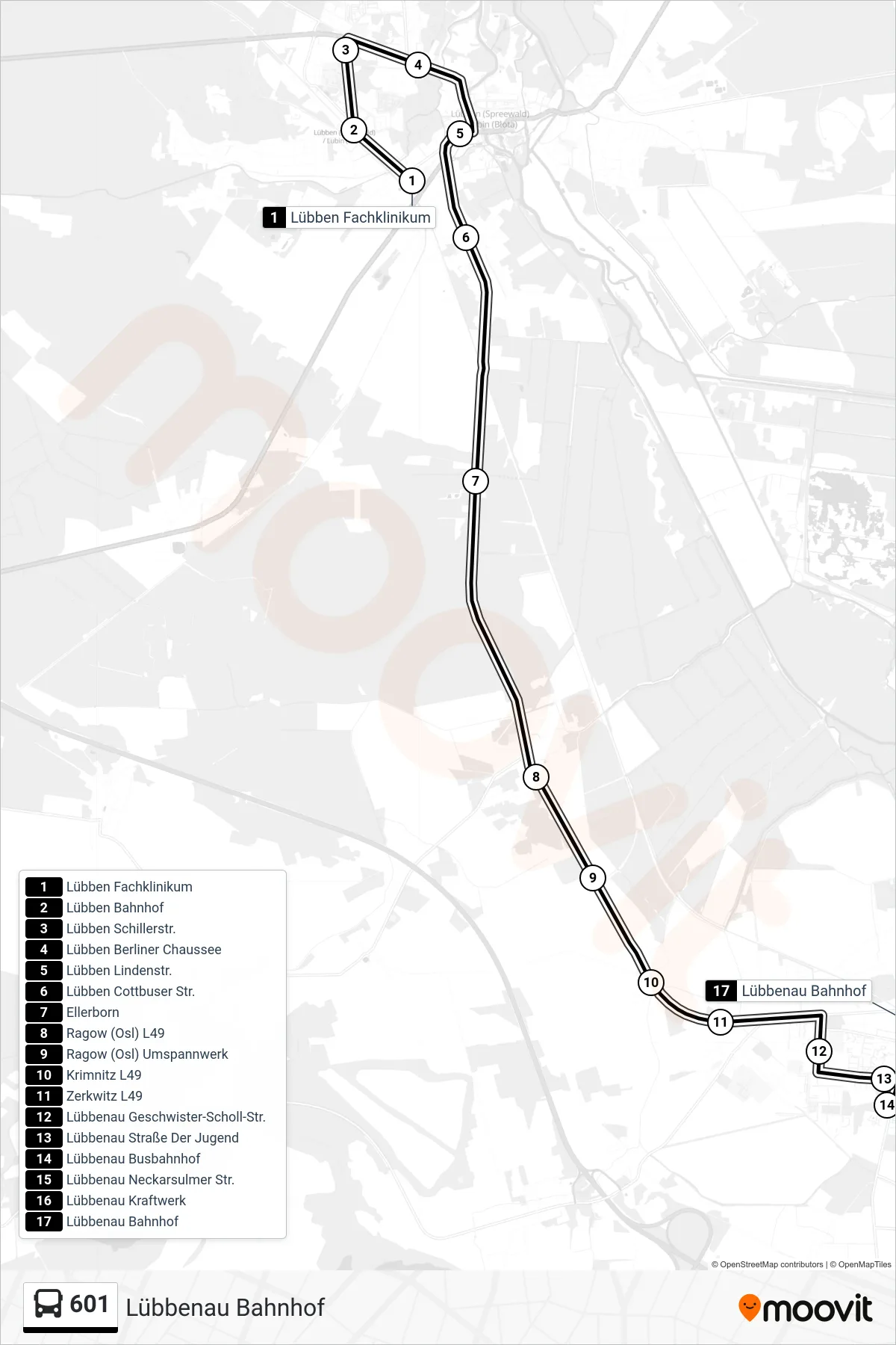 Linie 601 (Bus) Richtung Lübbenau Bahnhof: Route und Haltestellen auf der Karte