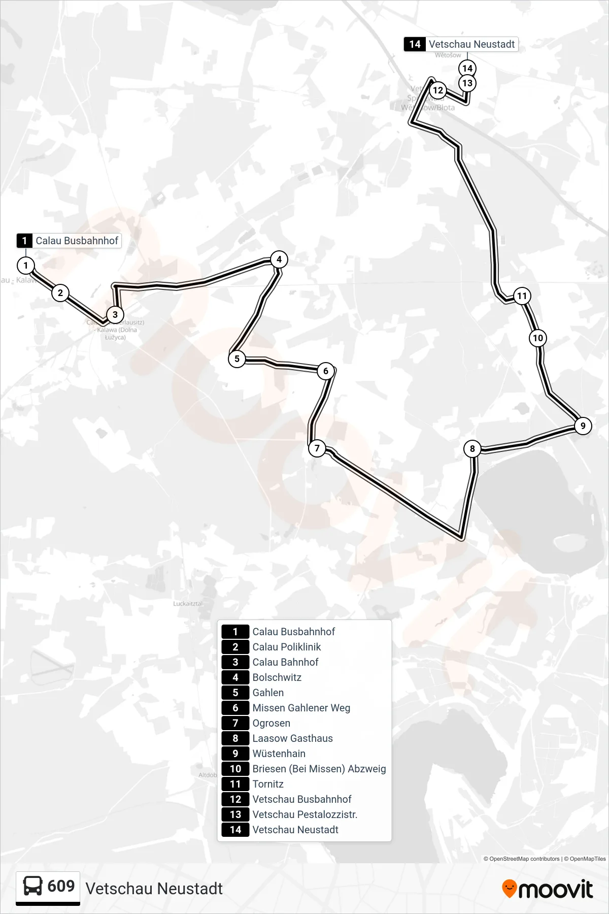 Linie 609 (Bus) Richtung Vetschau Neustadt: Route und Haltestellen auf der Karte