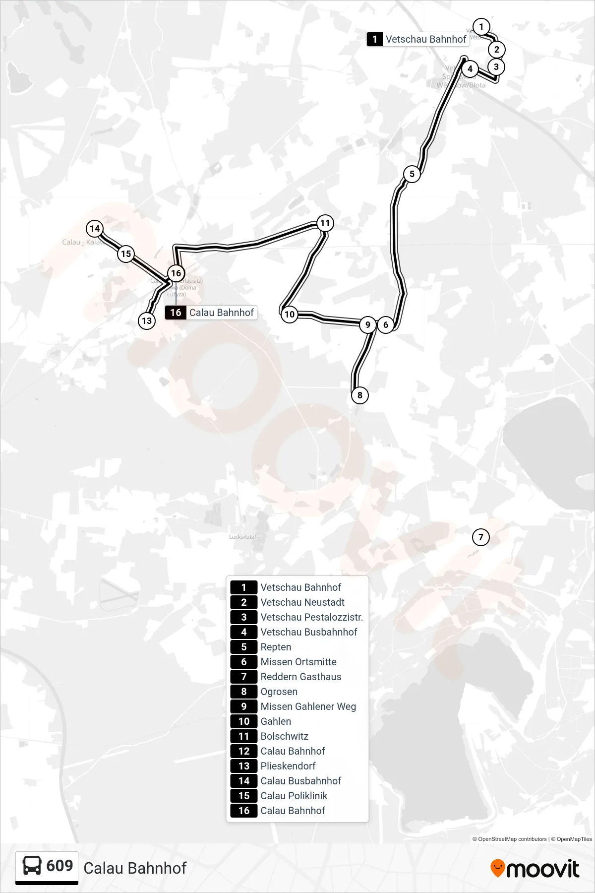 Linie 609 (Bus) Richtung Calau Bahnhof: Route und Haltestellen auf der Karte