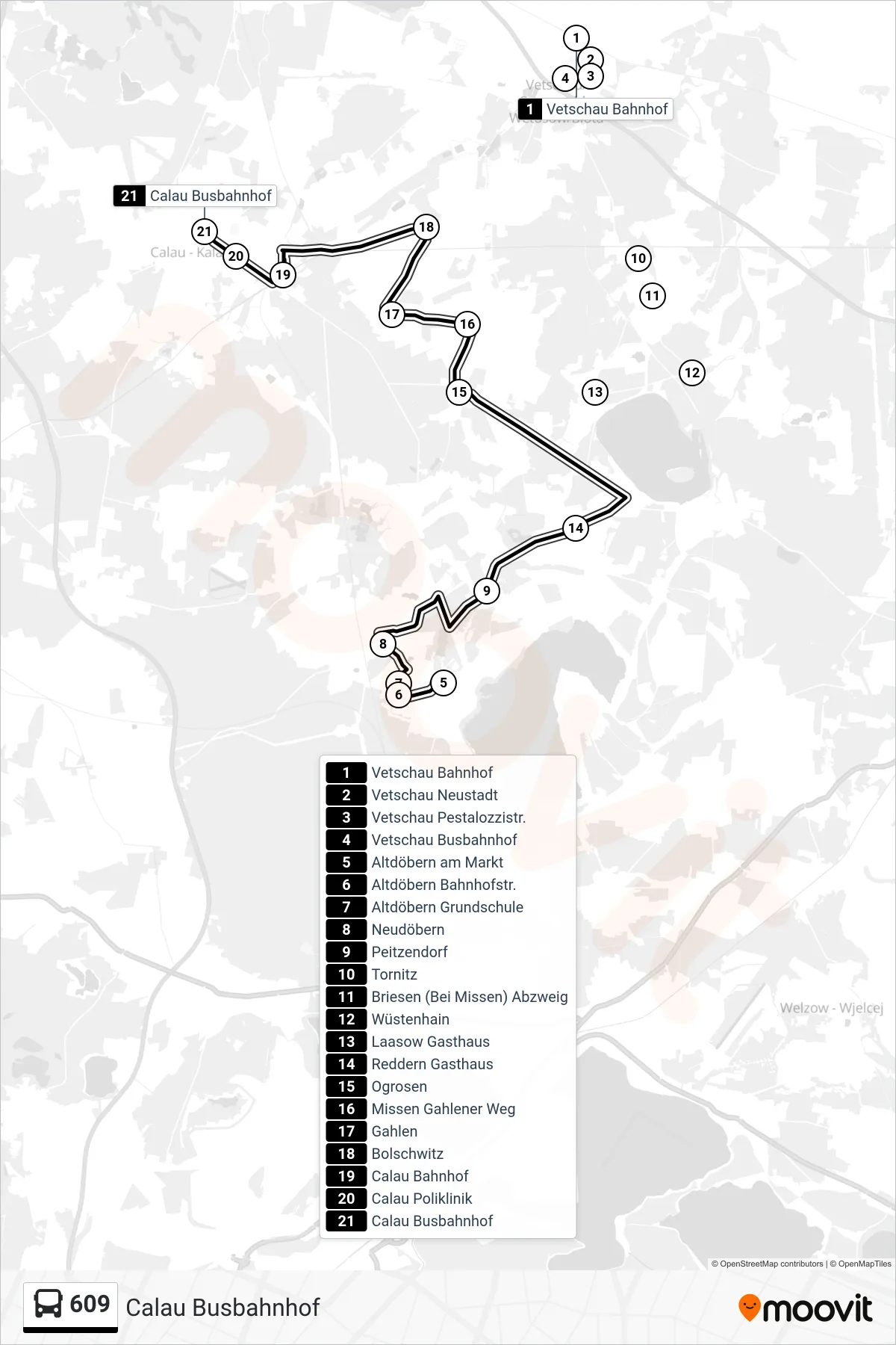 Linie 609 (Bus) Richtung Calau Busbahnhof: Route und Haltestellen auf der Karte