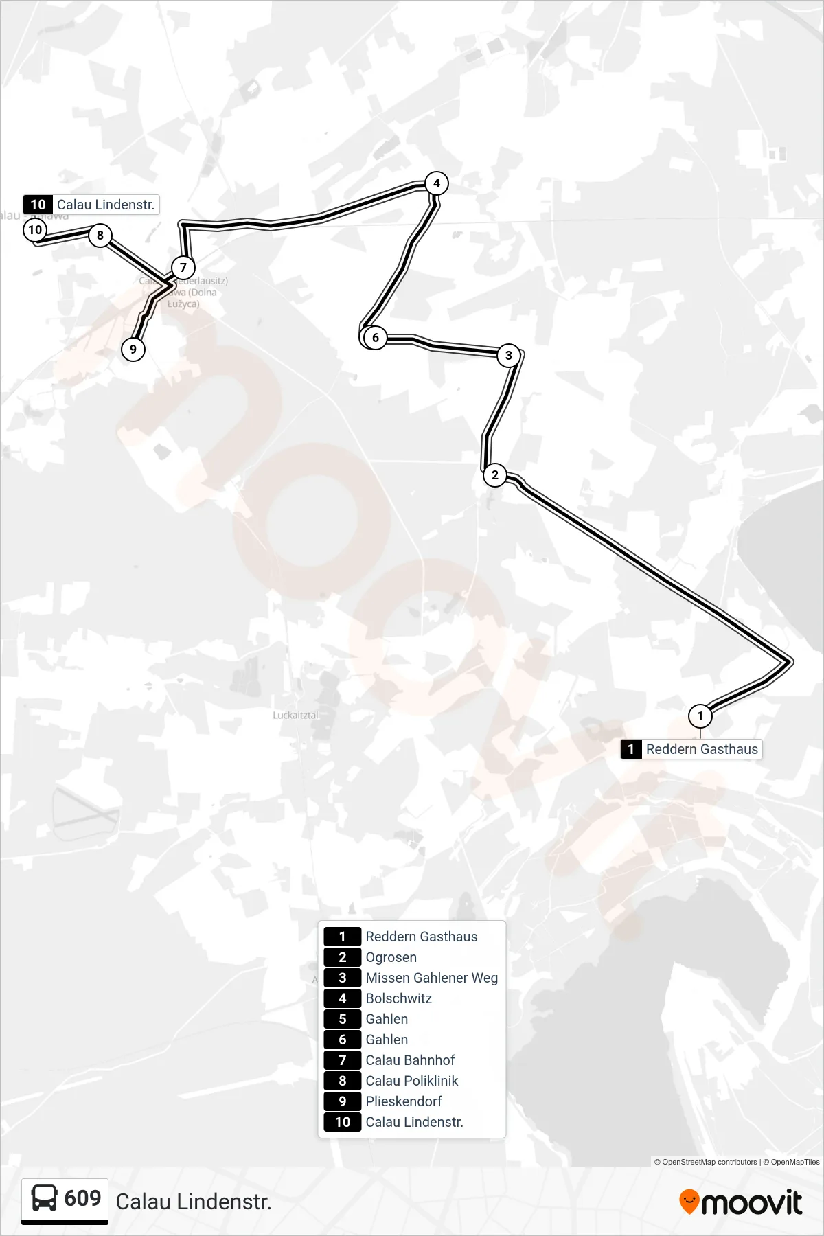 Linie 609 (Bus) Richtung Calau Lindenstr.: Route und Haltestellen auf der Karte