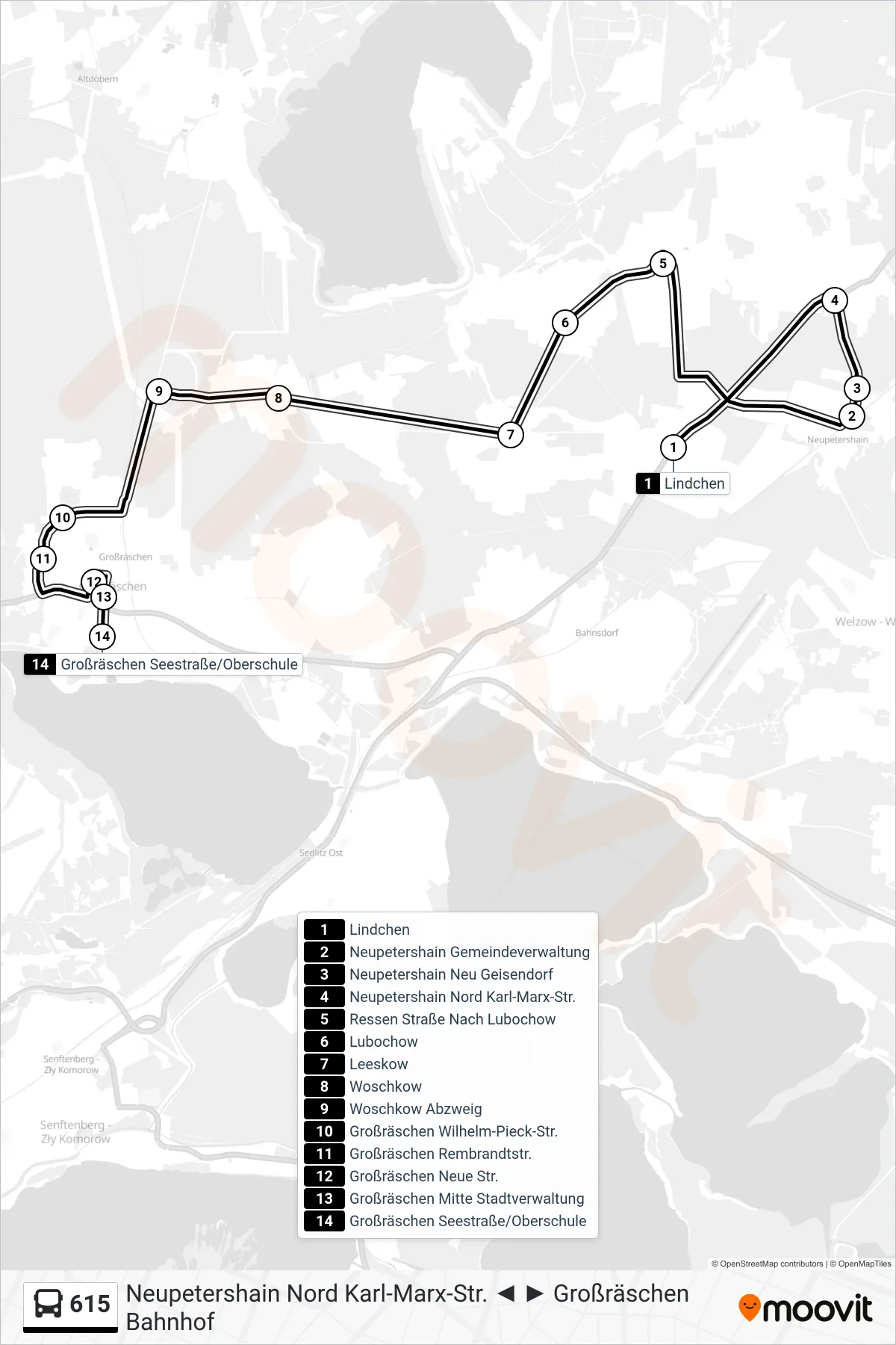 Linie 615 (Bus) Richtung Großräschen Seestraße/Oberschule: Route und Haltestellen auf der Karte