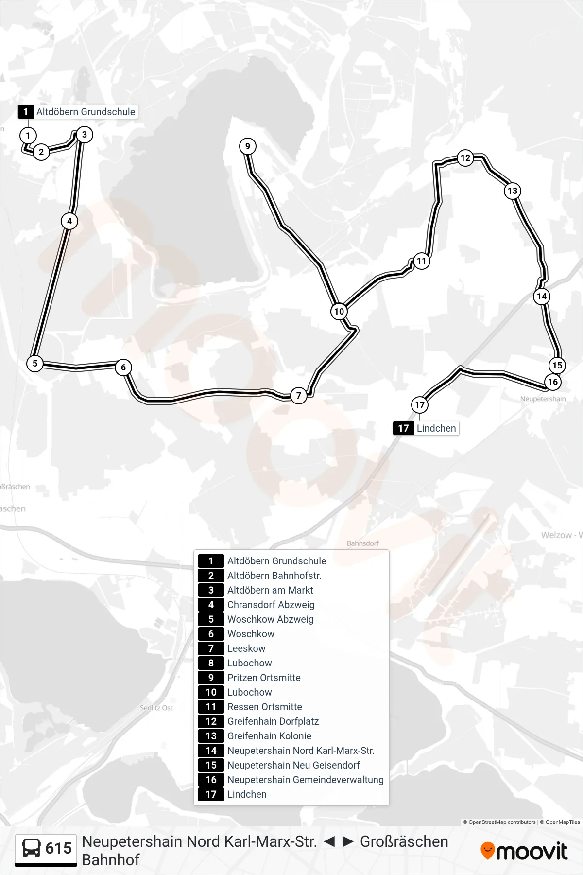 Linie 615 (Bus) Richtung Lindchen: Route und Haltestellen auf der Karte