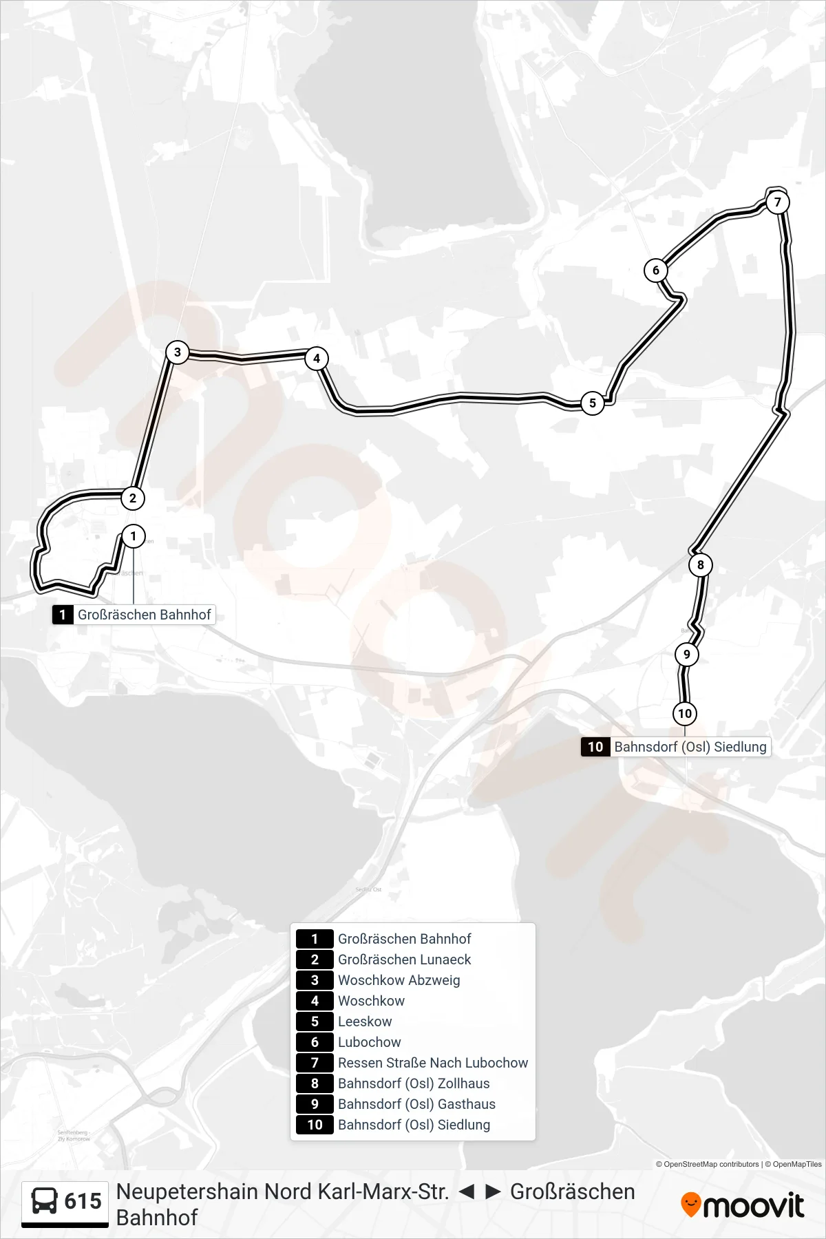 Linie 615 (Bus) Richtung Bahnsdorf (Osl) Siedlung: Route und Haltestellen auf der Karte
