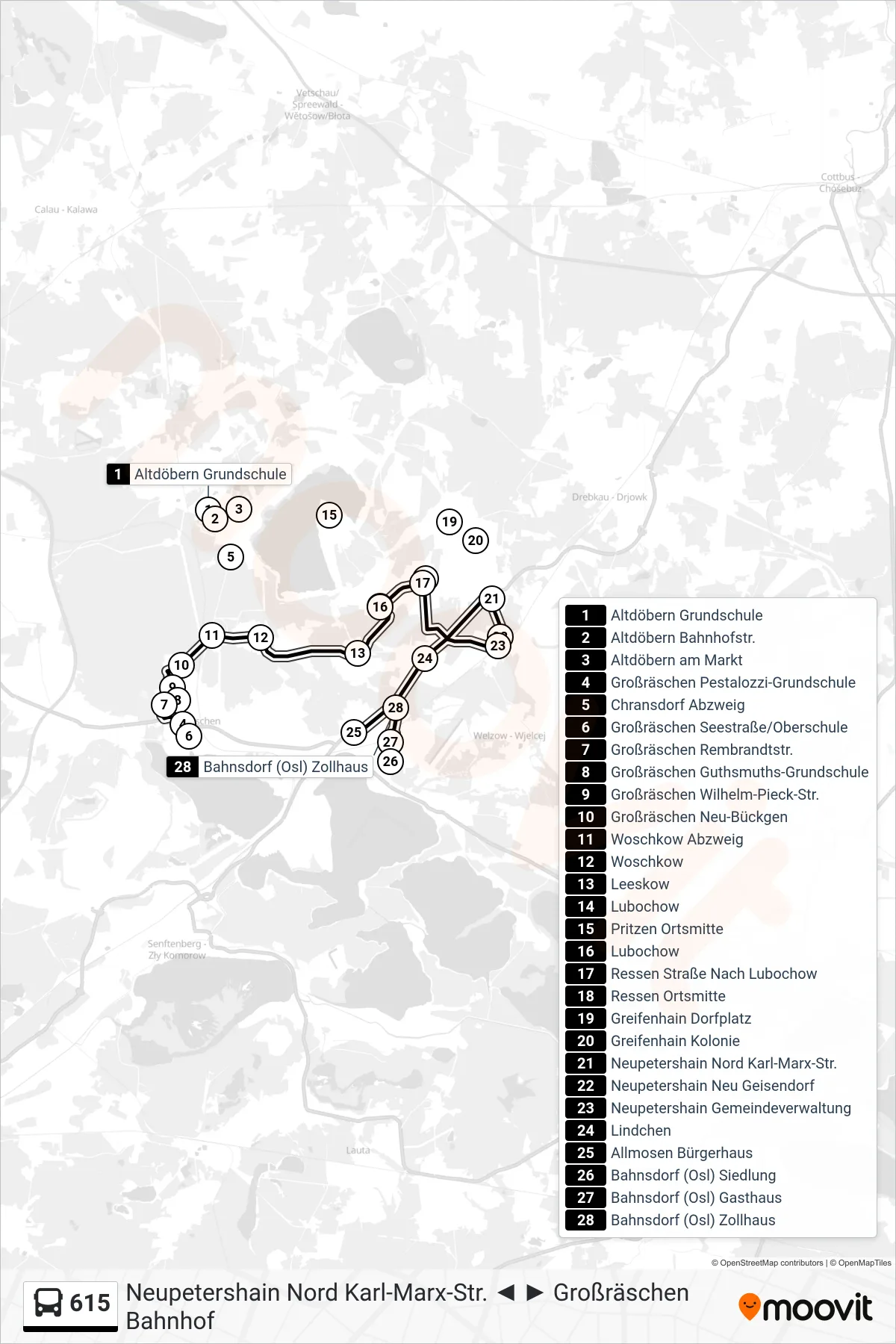 Linie 615 (Bus) Richtung Bahnsdorf (Osl) Zollhaus: Route und Haltestellen auf der Karte
