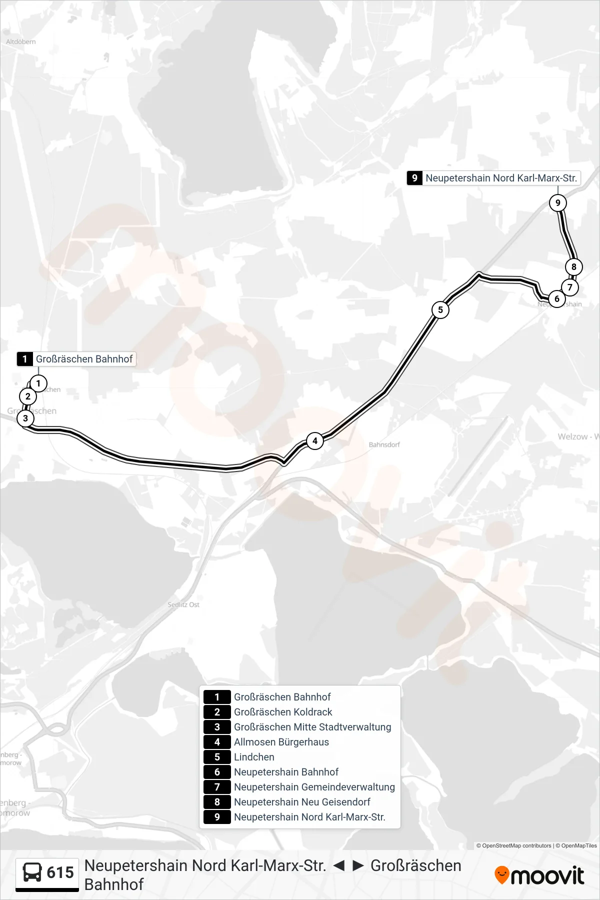 Linie 615 (Bus) Richtung Neupetershain Nord Karl-Marx-Str.: Route und Haltestellen auf der Karte