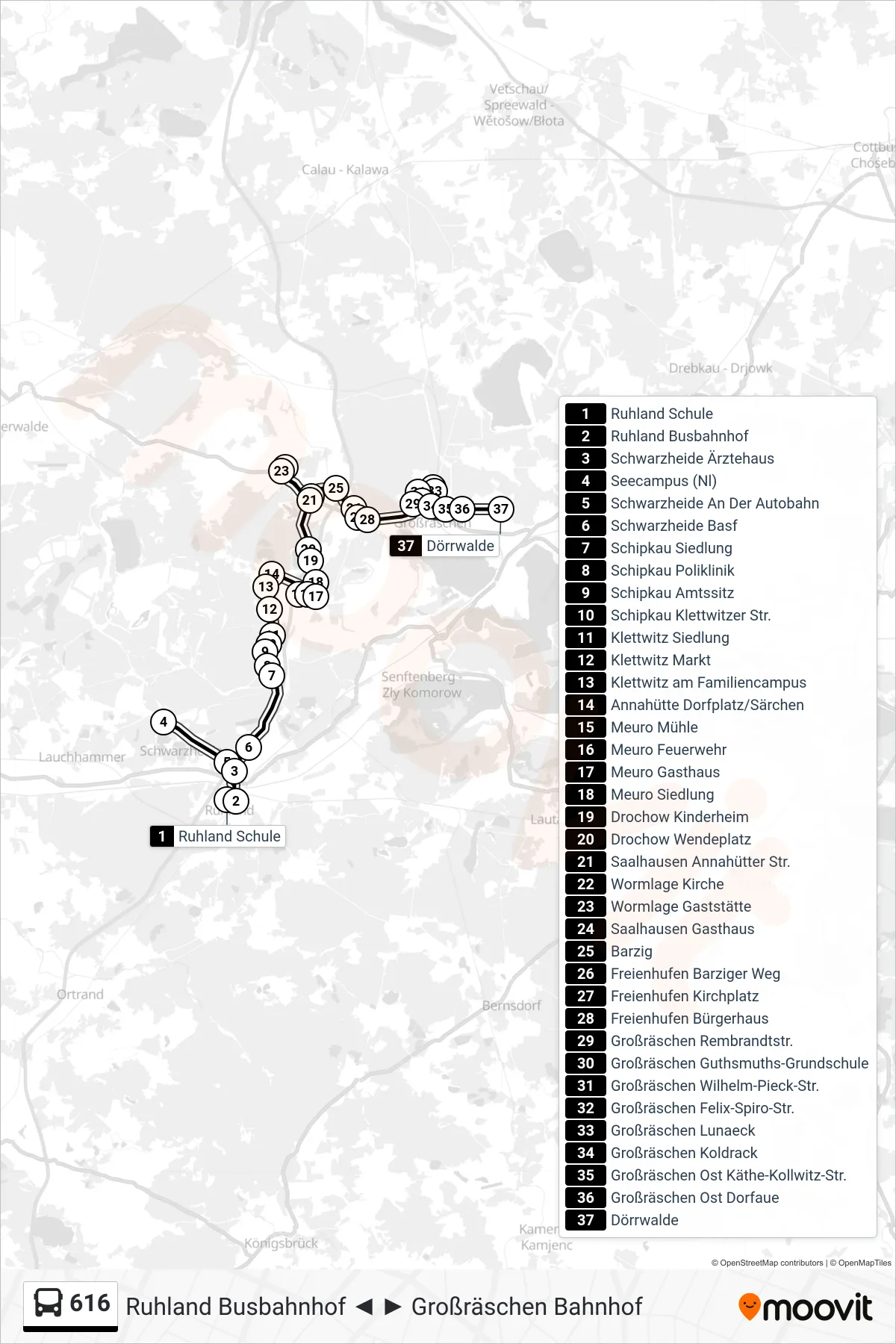 616 bus Line (Dörrwalde) route and stops on a map