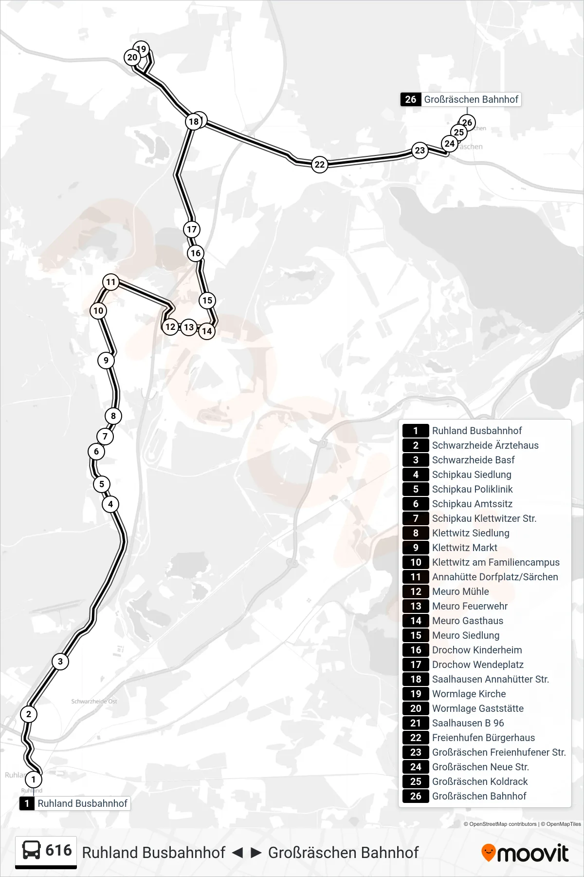Linie 616 (Bus) Richtung Großräschen Bahnhof: Route und Haltestellen auf der Karte