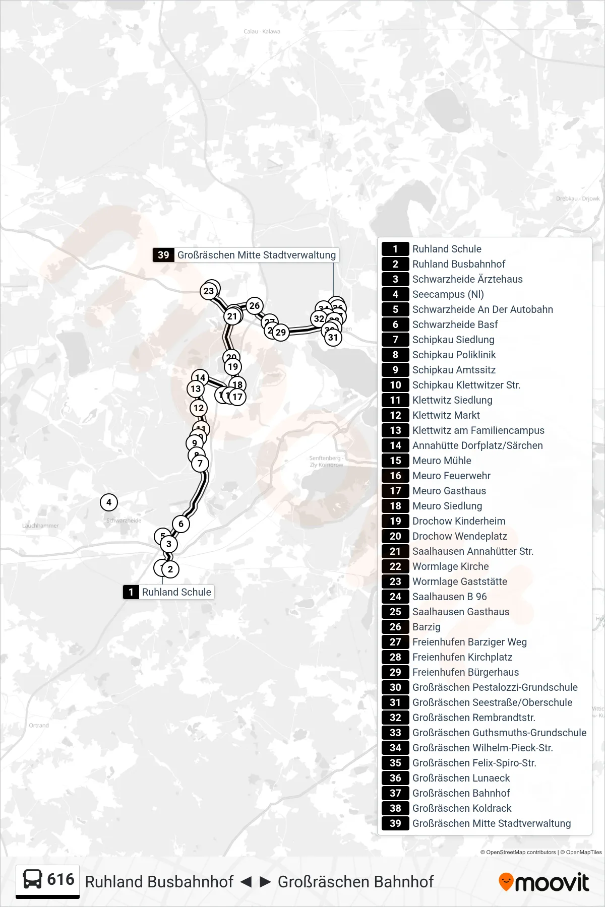 Linie 616 (Bus) Richtung Großräschen Mitte Stadtverwaltung: Route und Haltestellen auf der Karte