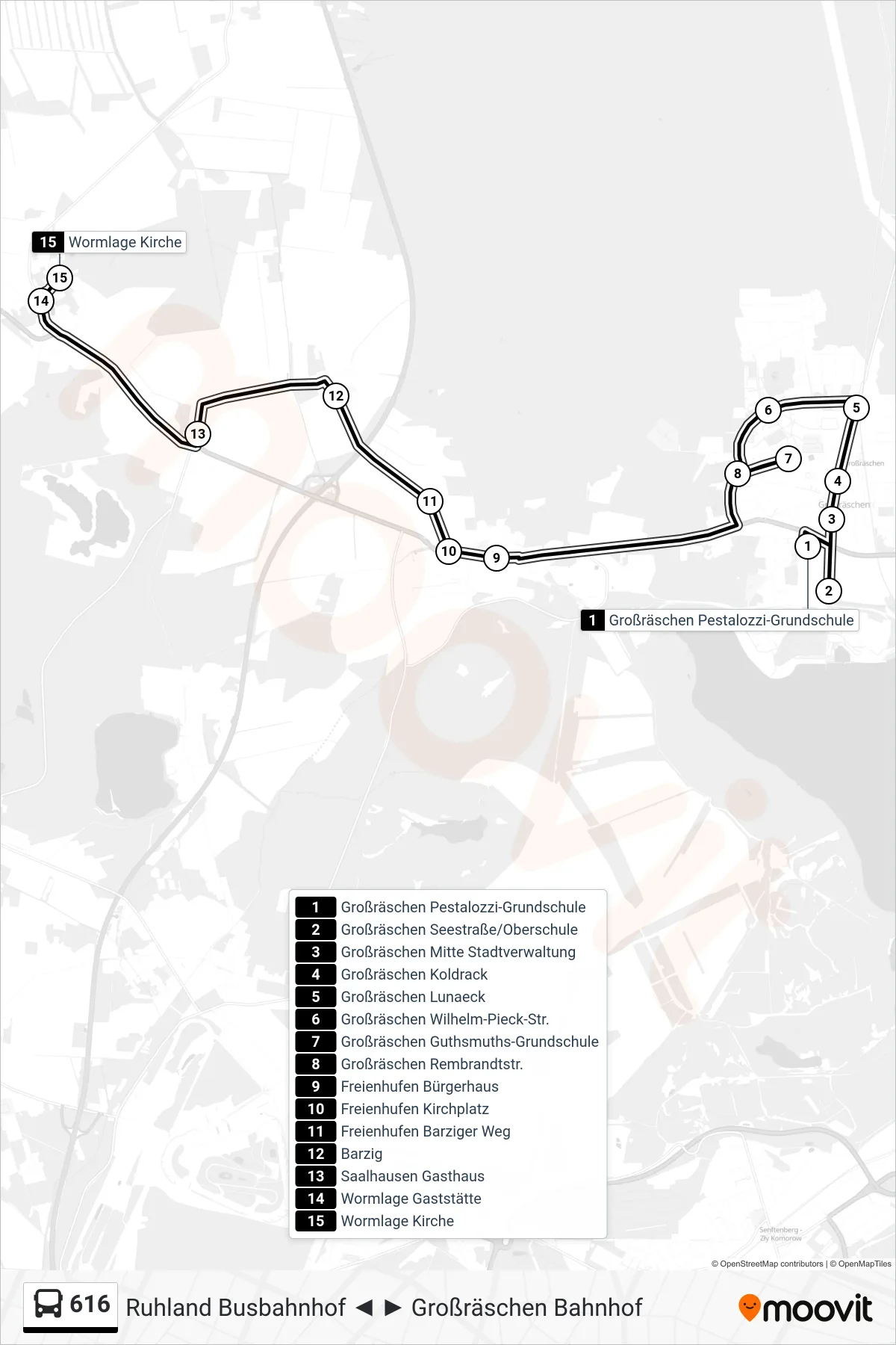 616 bus Line (Wormlage Kirche) route and stops on a map