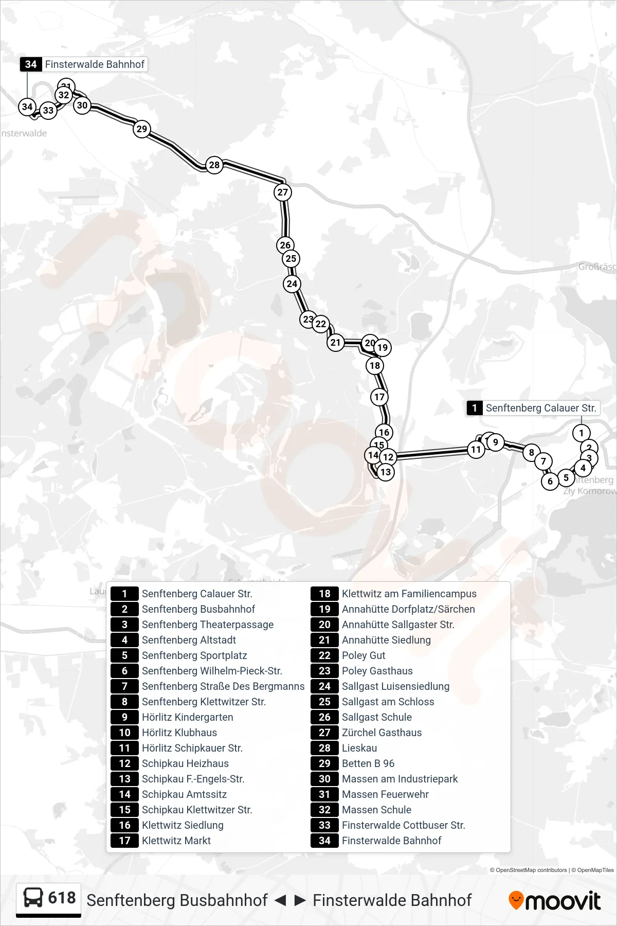 Linie 618 (Bus) Richtung Finsterwalde Bahnhof: Route und Haltestellen auf der Karte