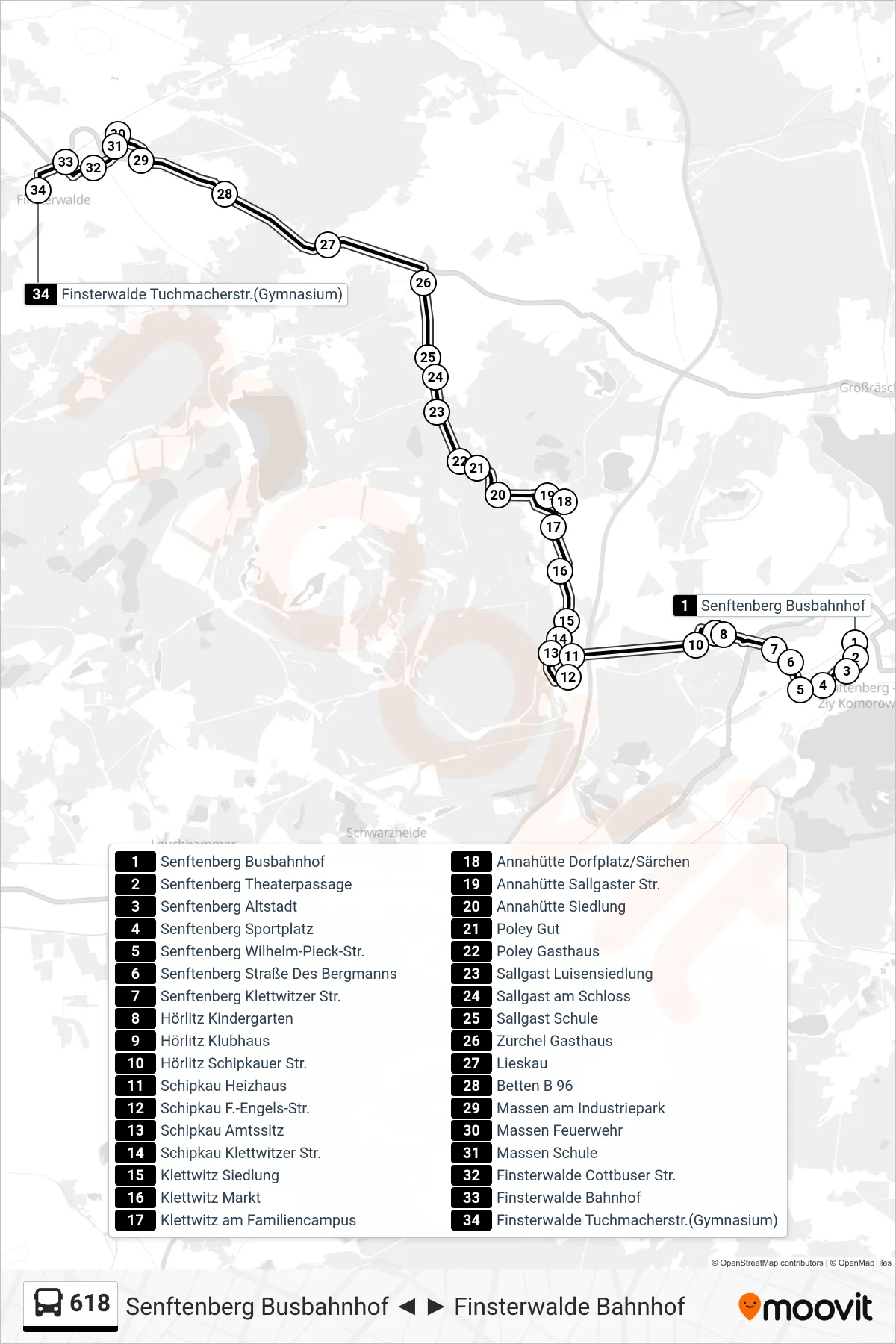618 bus Line (Finsterwalde Tuchmacherstr.(Gymnasium)) route and stops on a map