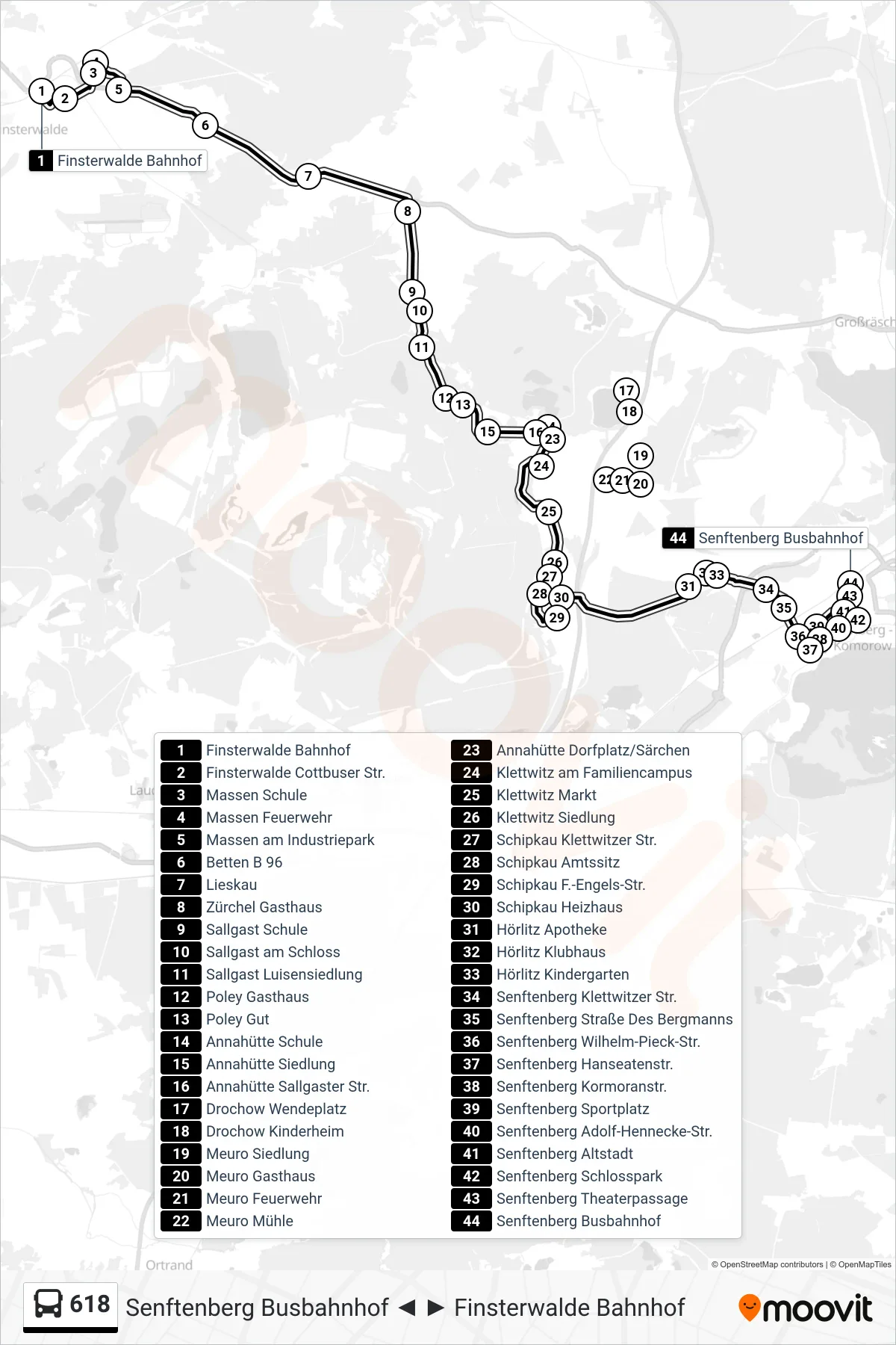 Linie 618 (Bus) Richtung Senftenberg Busbahnhof: Route und Haltestellen auf der Karte