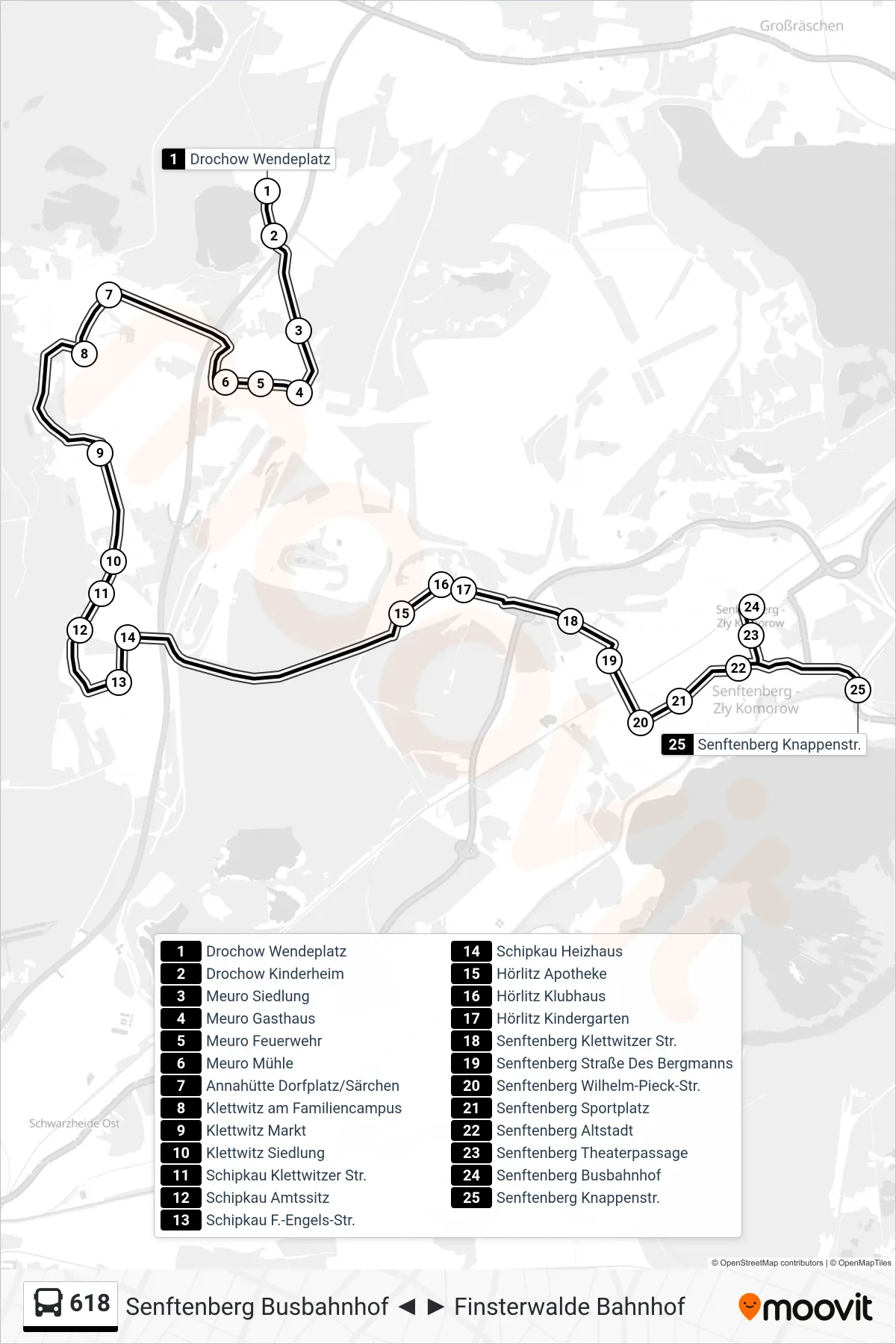 618 bus Line (Senftenberg Knappenstr.) route and stops on a map