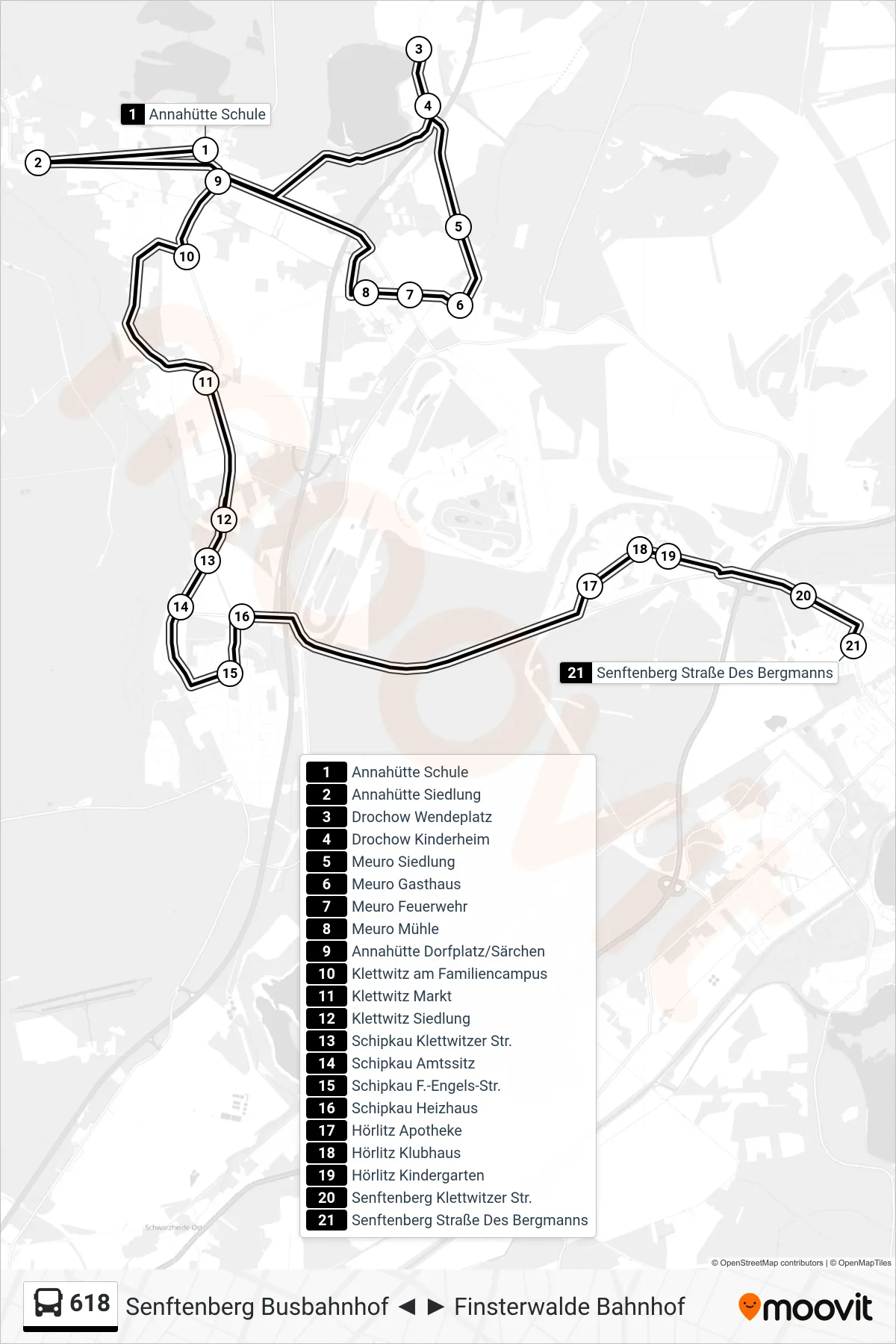618 bus Line (Senftenberg Straße Des Bergmanns) route and stops on a map