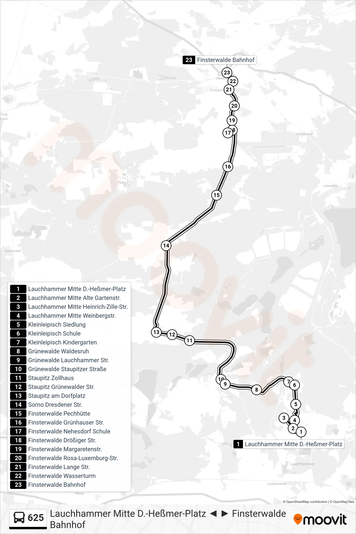 Linie 625 (Bus) Richtung Finsterwalde Bahnhof: Route und Haltestellen auf der Karte
