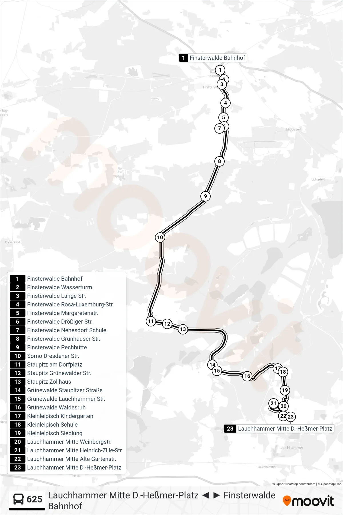 Linie 625 (Bus) Richtung Lauchhammer Mitte D.-Heßmer-Platz: Route und Haltestellen auf der Karte