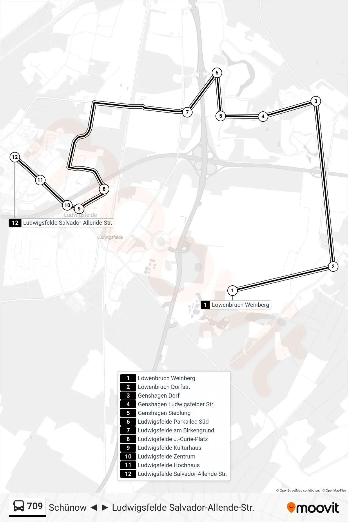 Linie 709 (Bus) Richtung Ludwigsfelde Salvador-Allende-Str.: Route und Haltestellen auf der Karte