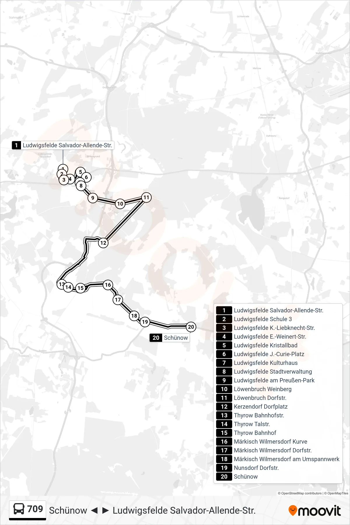 709 bus Line (Schünow) route and stops on a map
