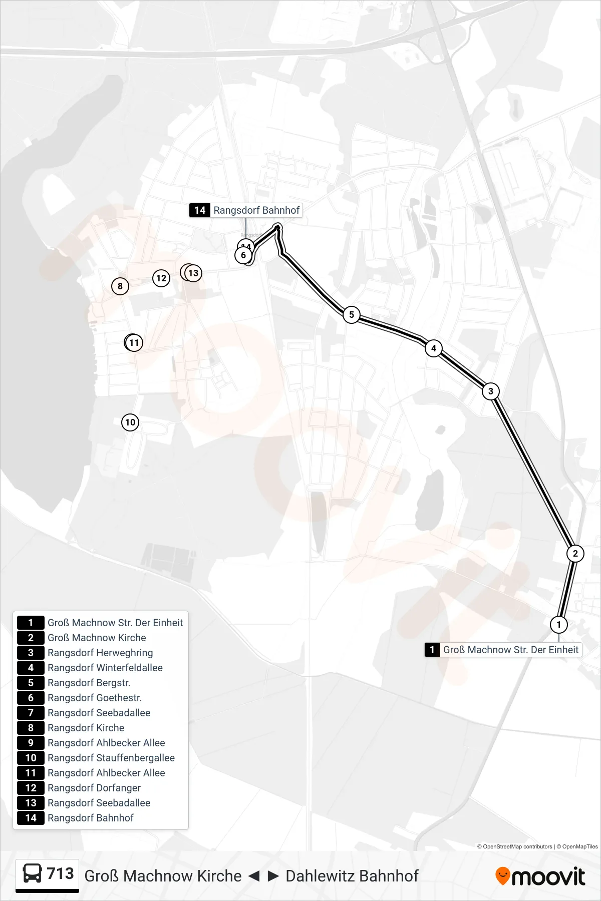Linie 713 (Bus) Richtung Rangsdorf Bahnhof: Route und Haltestellen auf der Karte