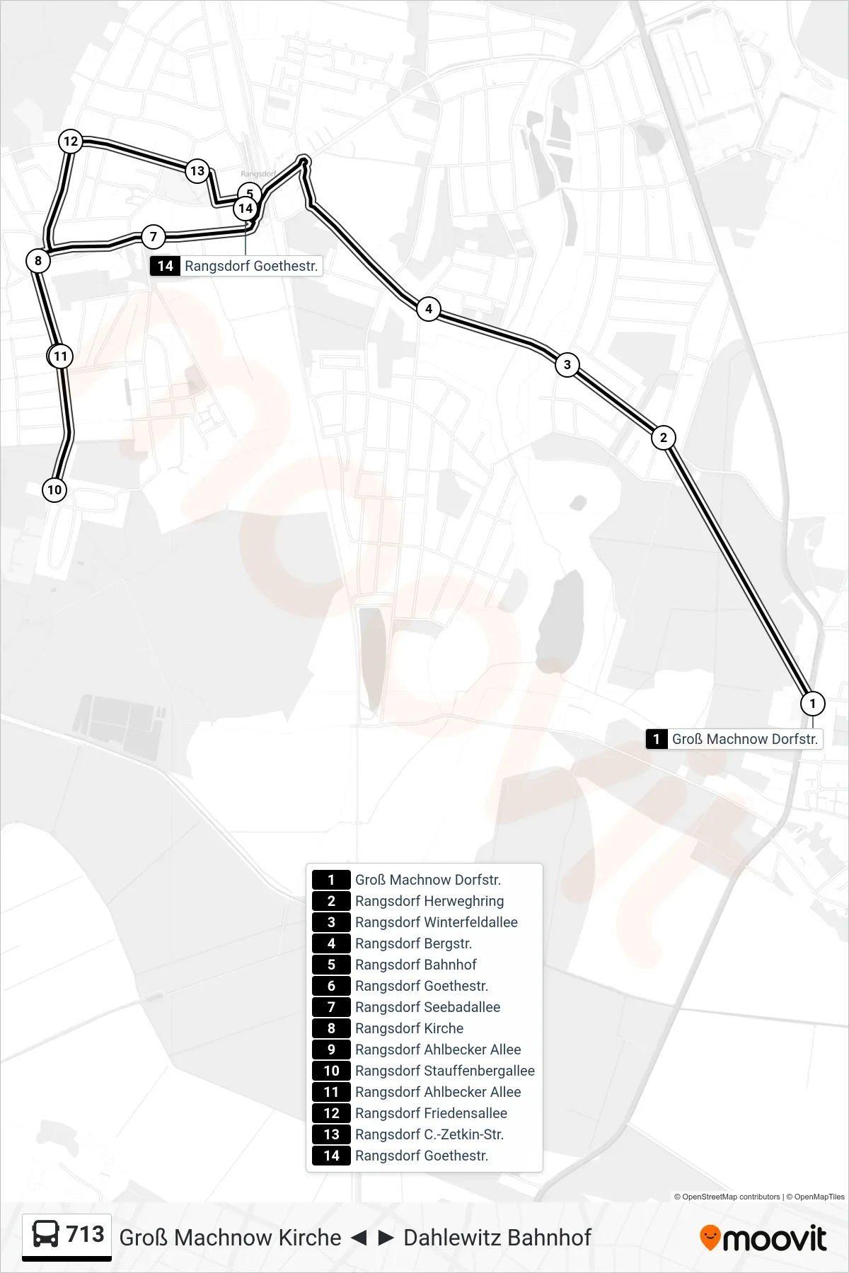 Linie 713 (Bus) Richtung Rangsdorf Goethestr.: Route und Haltestellen auf der Karte