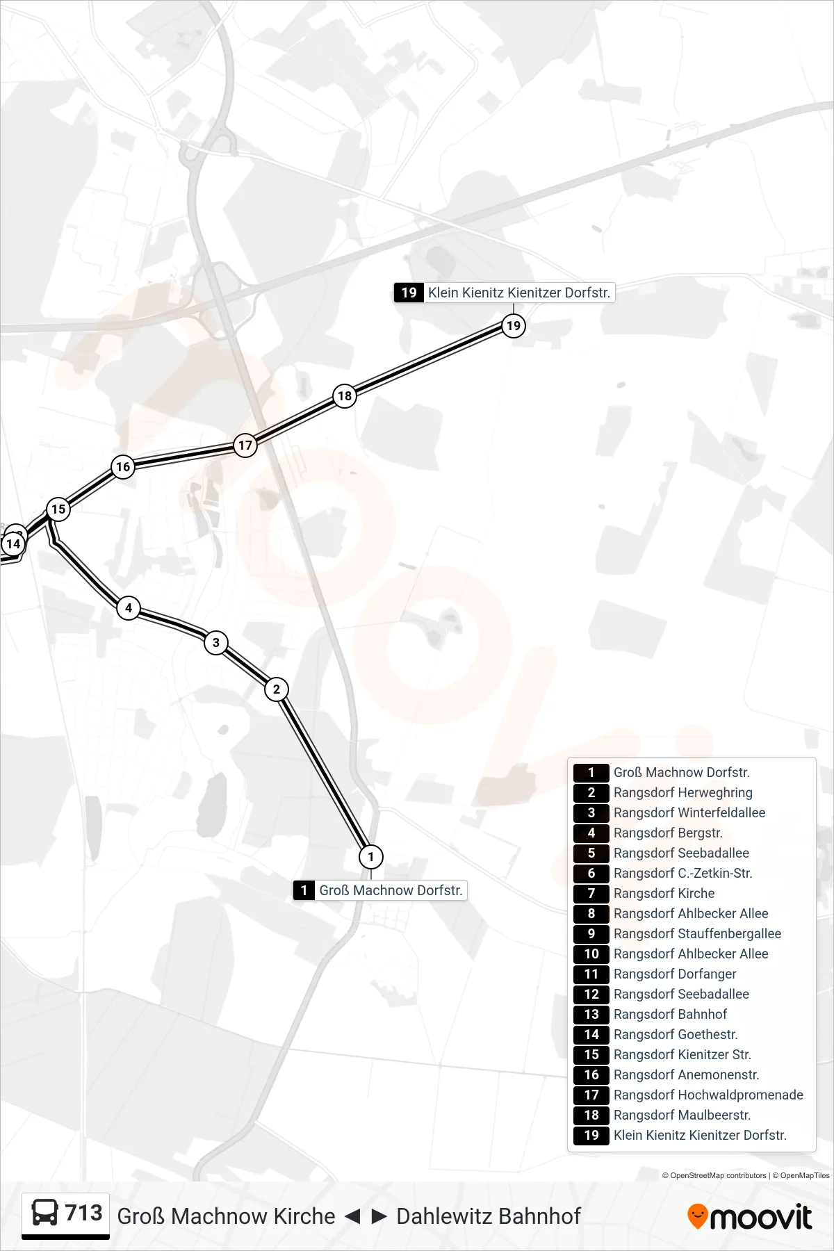 Linie 713 (Bus) Richtung Klein Kienitz Kienitzer Dorfstr.: Route und Haltestellen auf der Karte