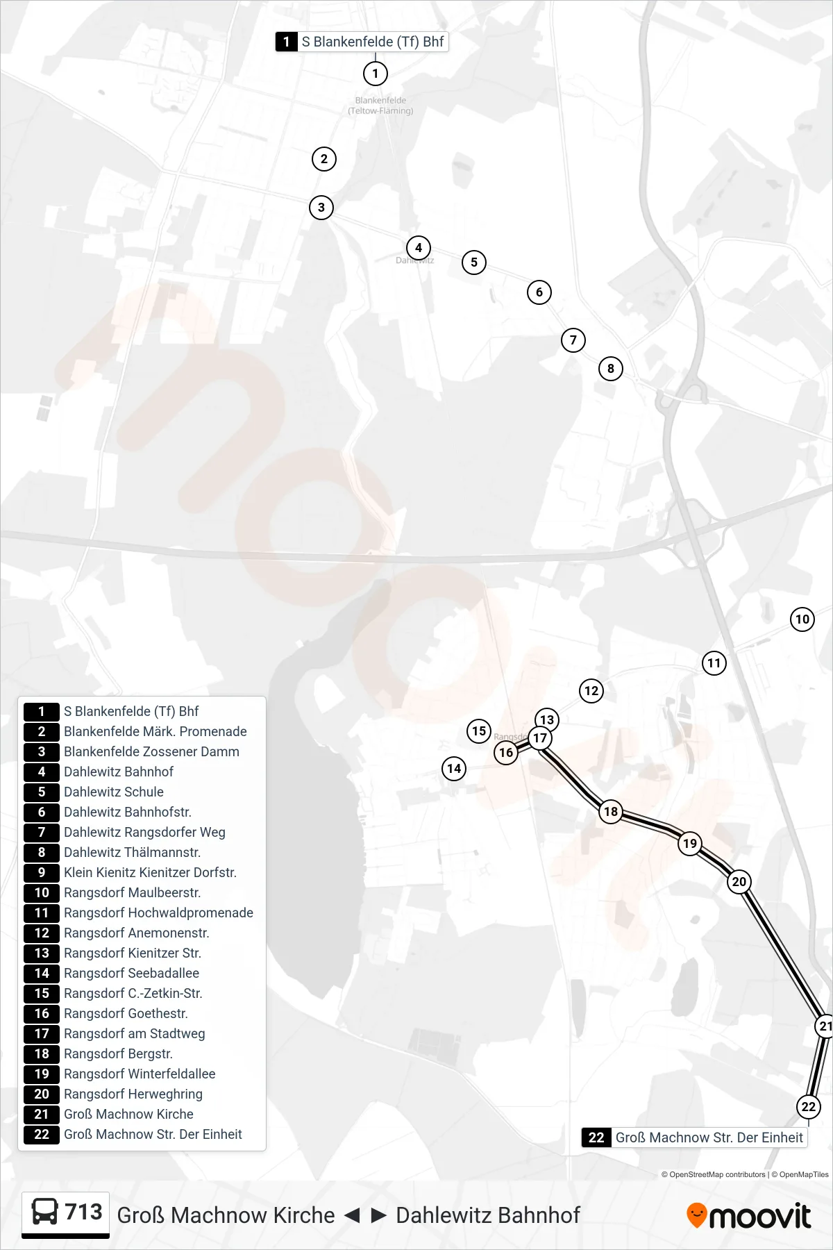 713 bus Line (Groß Machnow Str. Der Einheit) route and stops on a map
