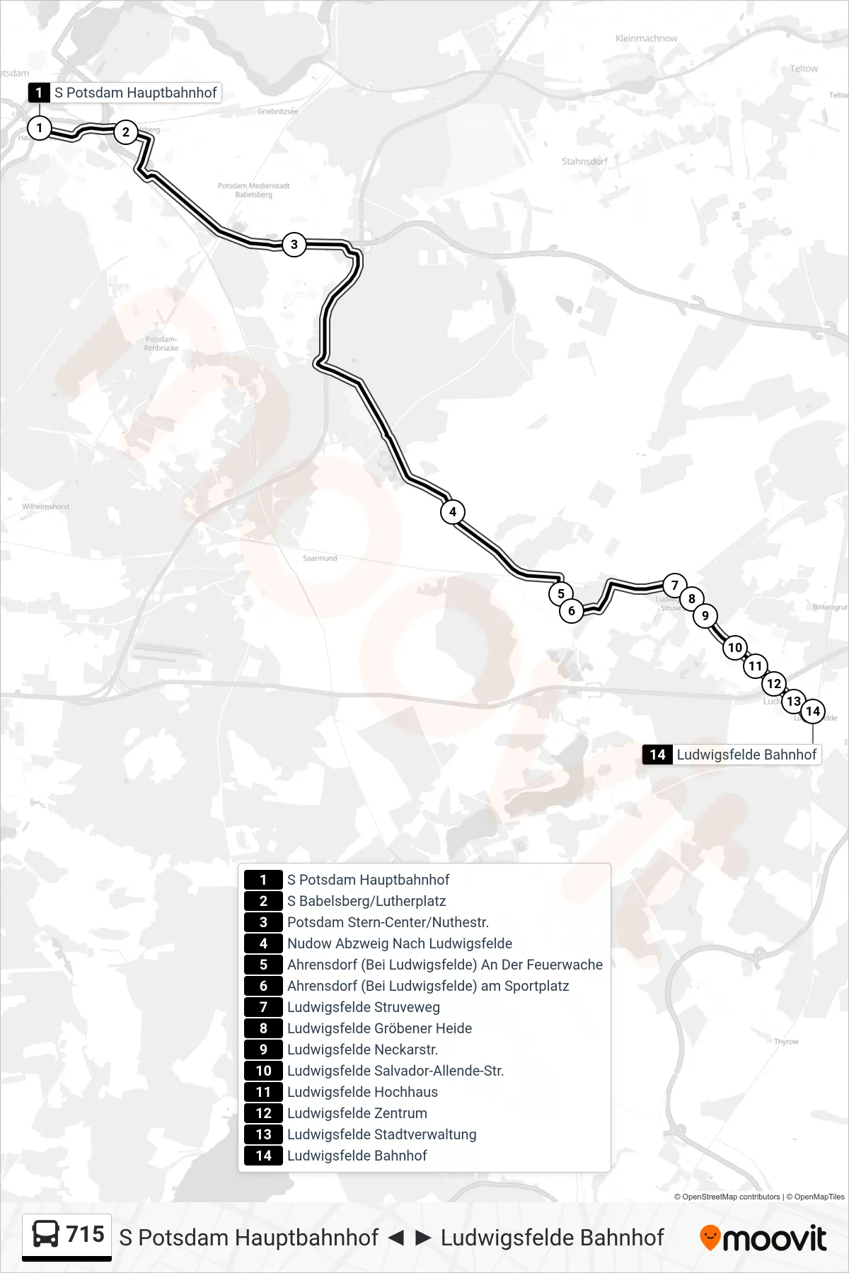 Linie 715 (Bus) Richtung Ludwigsfelde Bahnhof: Route und Haltestellen auf der Karte