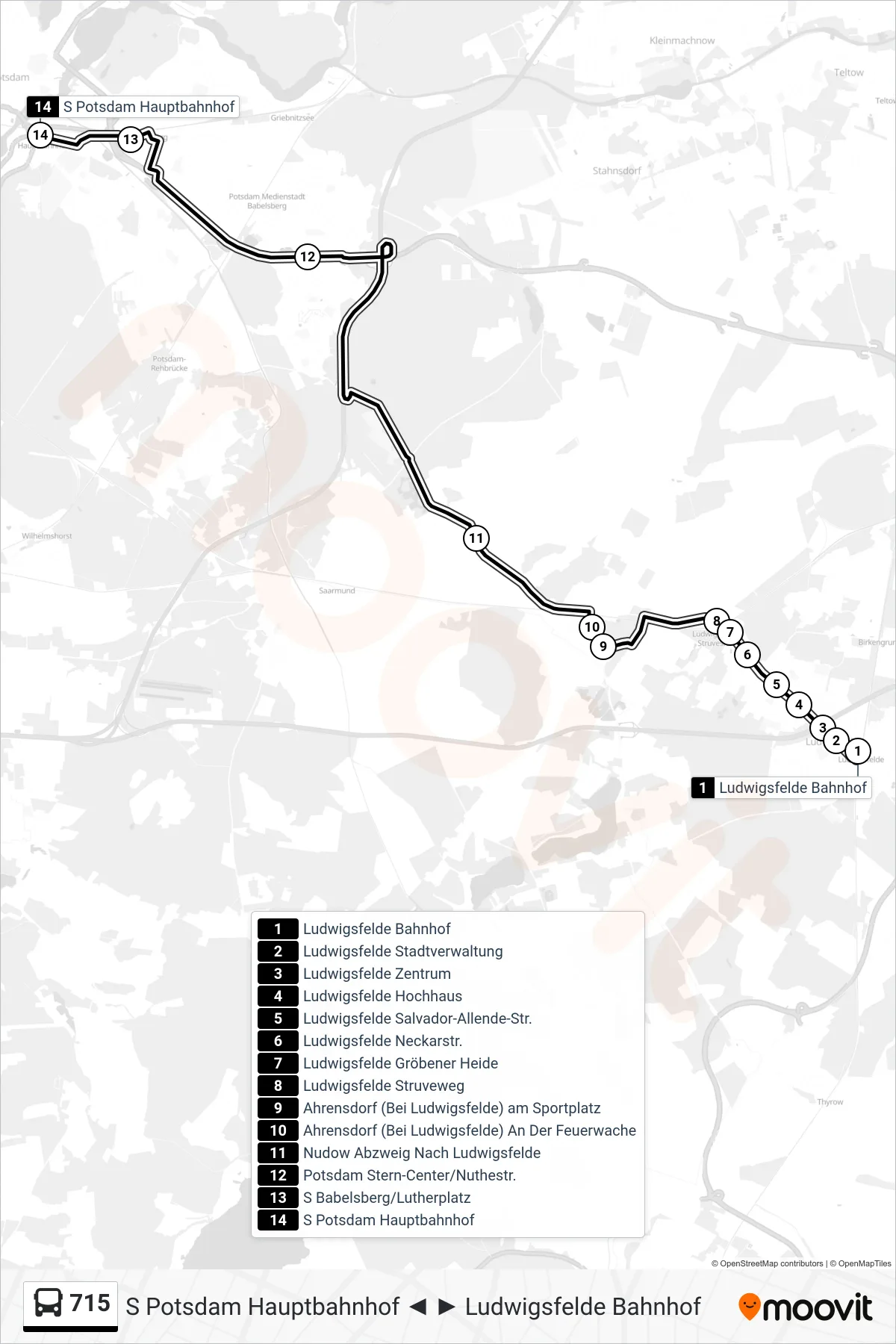 Linie 715 (Bus) Richtung S Potsdam Hauptbahnhof: Route und Haltestellen auf der Karte