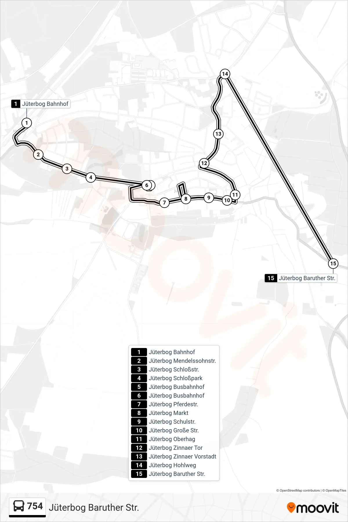 Linie 754 (Bus) Richtung Jüterbog Baruther Str.: Route und Haltestellen auf der Karte