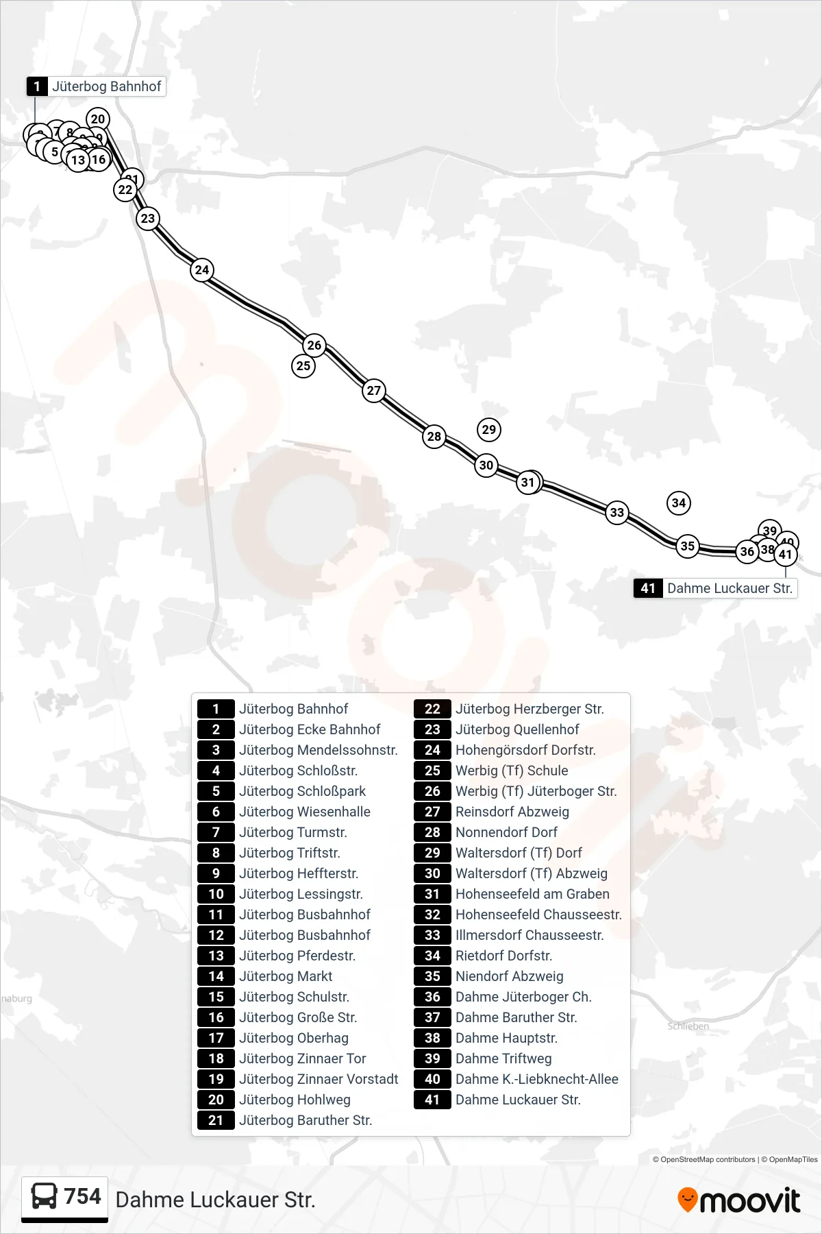 Linie 754 (Bus) Richtung Dahme Luckauer Str.: Route und Haltestellen auf der Karte