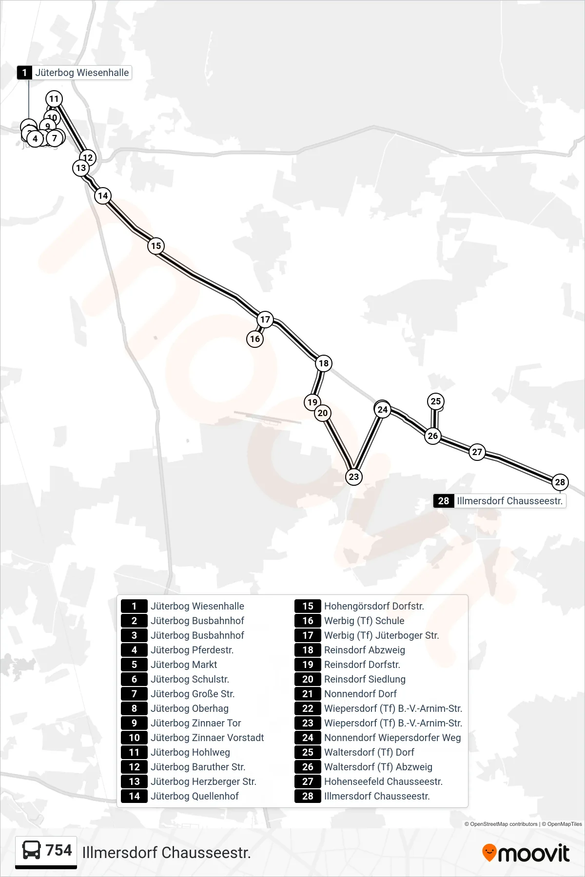 Linie 754 (Bus) Richtung Illmersdorf Chausseestr.: Route und Haltestellen auf der Karte
