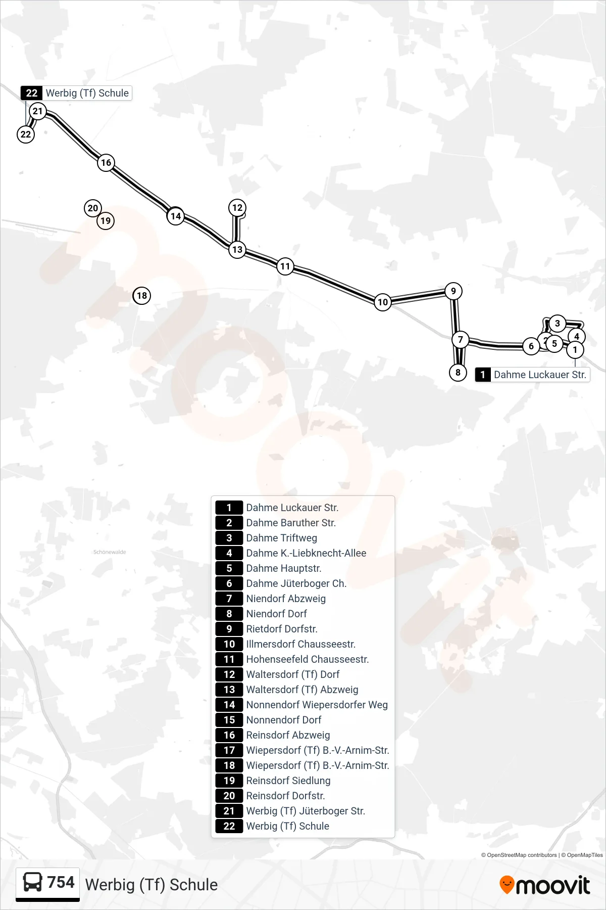 Linie 754 (Bus) Richtung Werbig (Tf) Schule: Route und Haltestellen auf der Karte