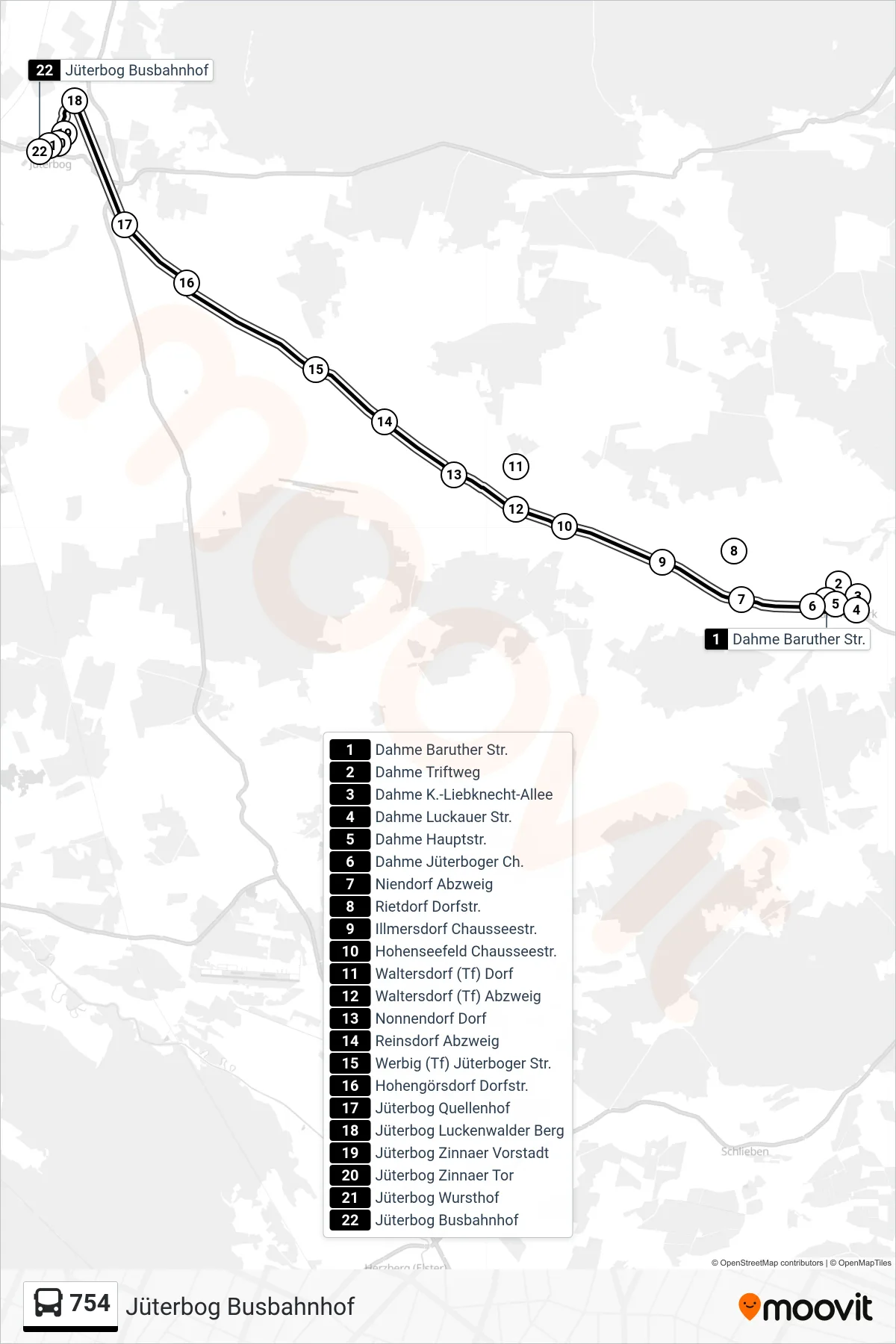Linie 754 (Bus) Richtung Jüterbog Busbahnhof: Route und Haltestellen auf der Karte