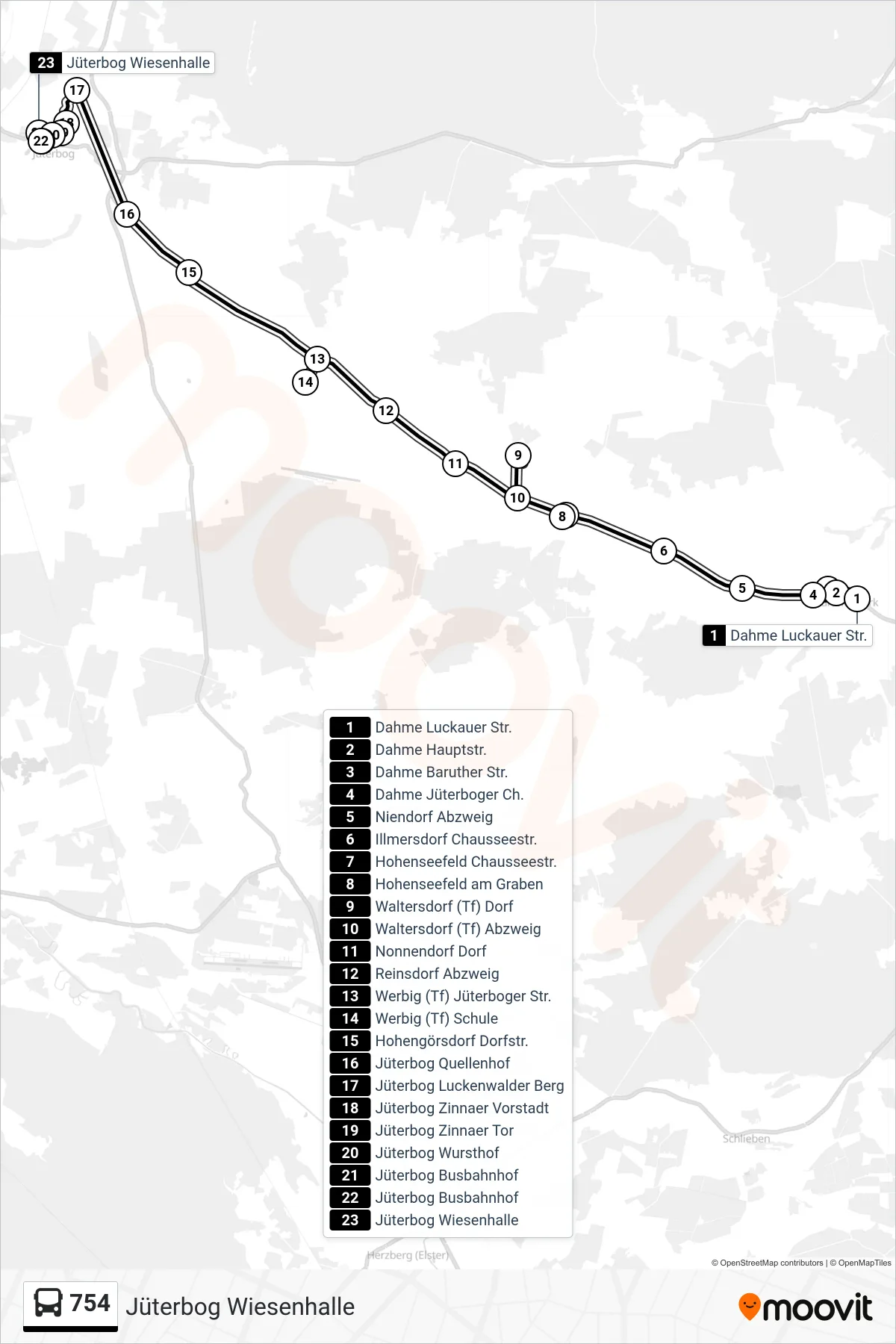 Linie 754 (Bus) Richtung Jüterbog Wiesenhalle: Route und Haltestellen auf der Karte