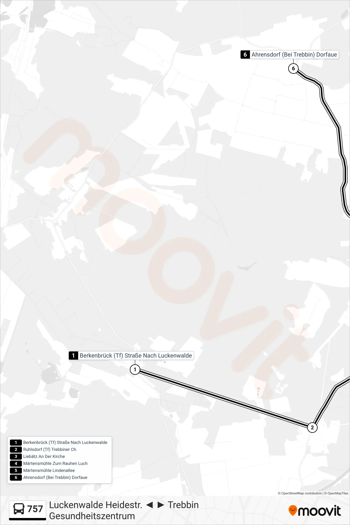 Linie 757 (Bus) Richtung Ahrensdorf (Bei Trebbin) Dorfaue: Route und Haltestellen auf der Karte