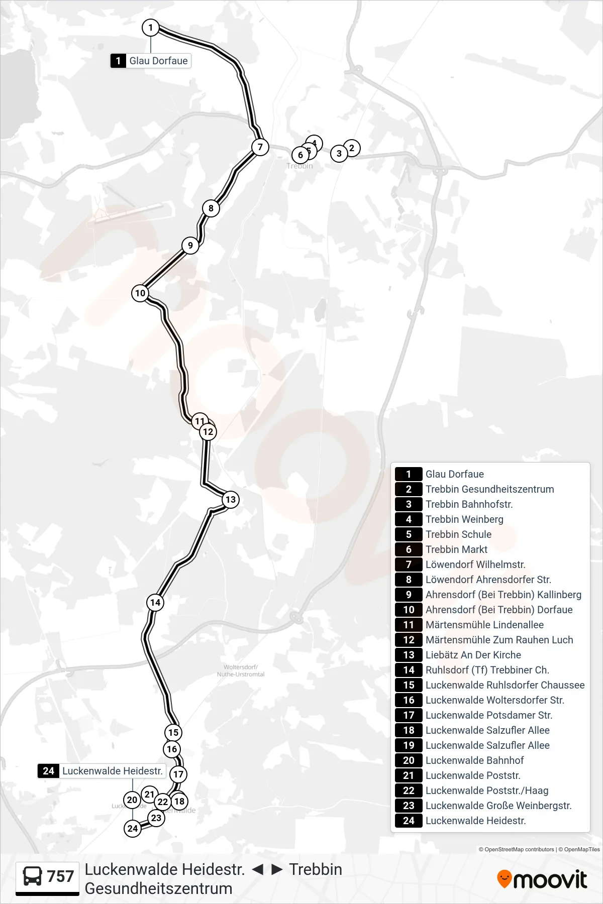 757 bus Line (Luckenwalde Heidestr.) route and stops on a map
