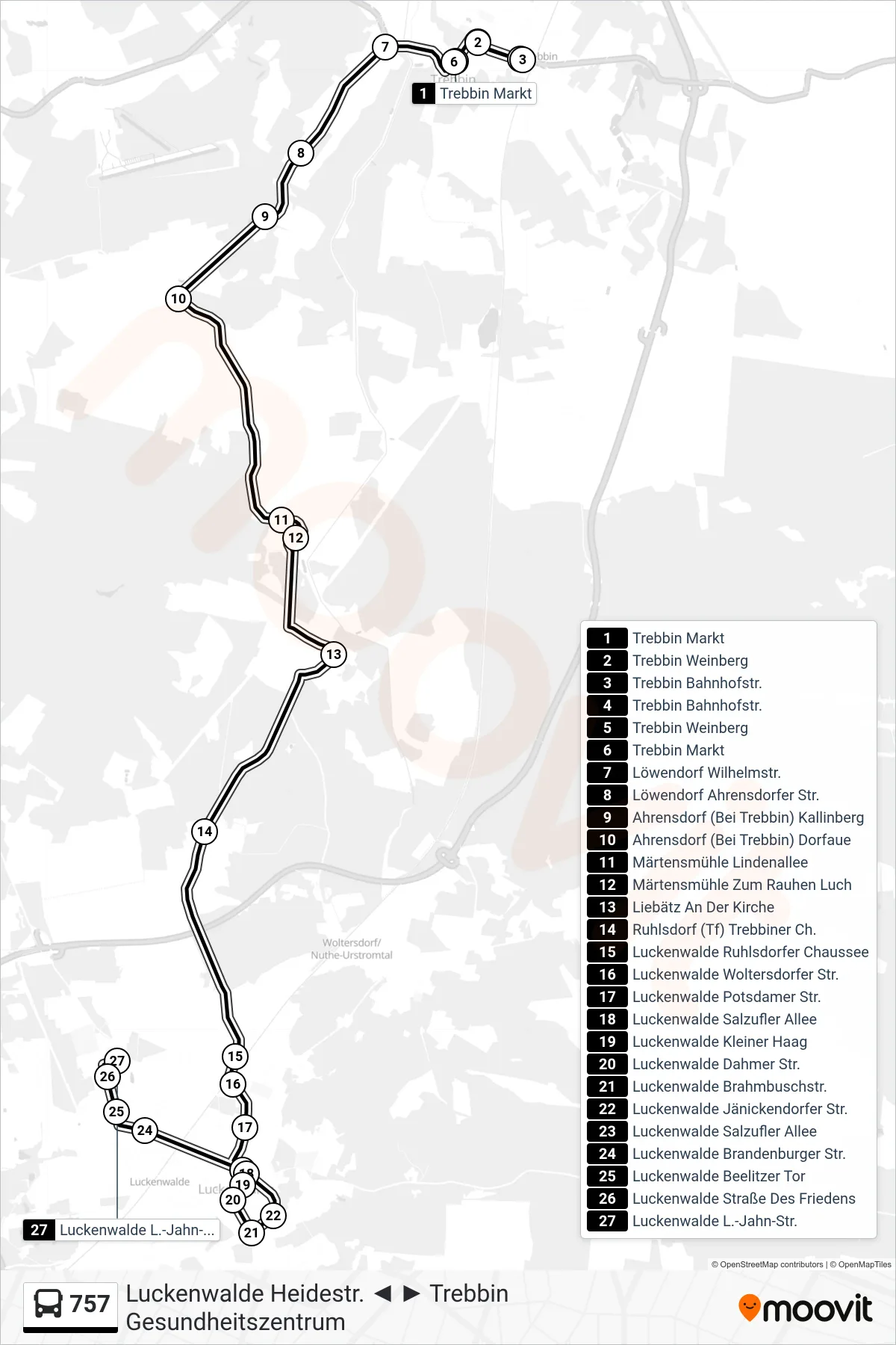 Linie 757 (Bus) Richtung Luckenwalde L.-Jahn-Str.: Route und Haltestellen auf der Karte