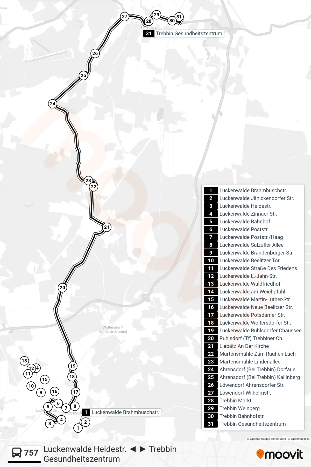 Linie 757 (Bus) Richtung Trebbin Gesundheitszentrum: Route und Haltestellen auf der Karte