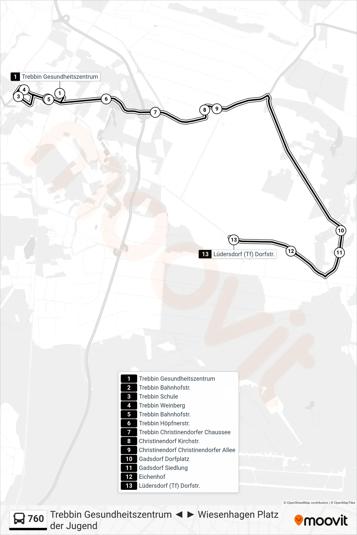 Linie 760 (Bus) Richtung Lüdersdorf (Tf) Dorfstr.: Route und Haltestellen auf der Karte