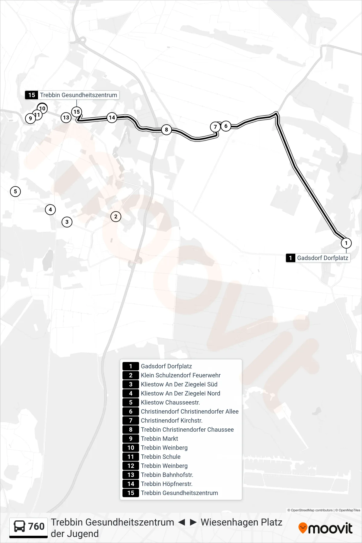 Linie 760 (Bus) Richtung Trebbin Gesundheitszentrum: Route und Haltestellen auf der Karte