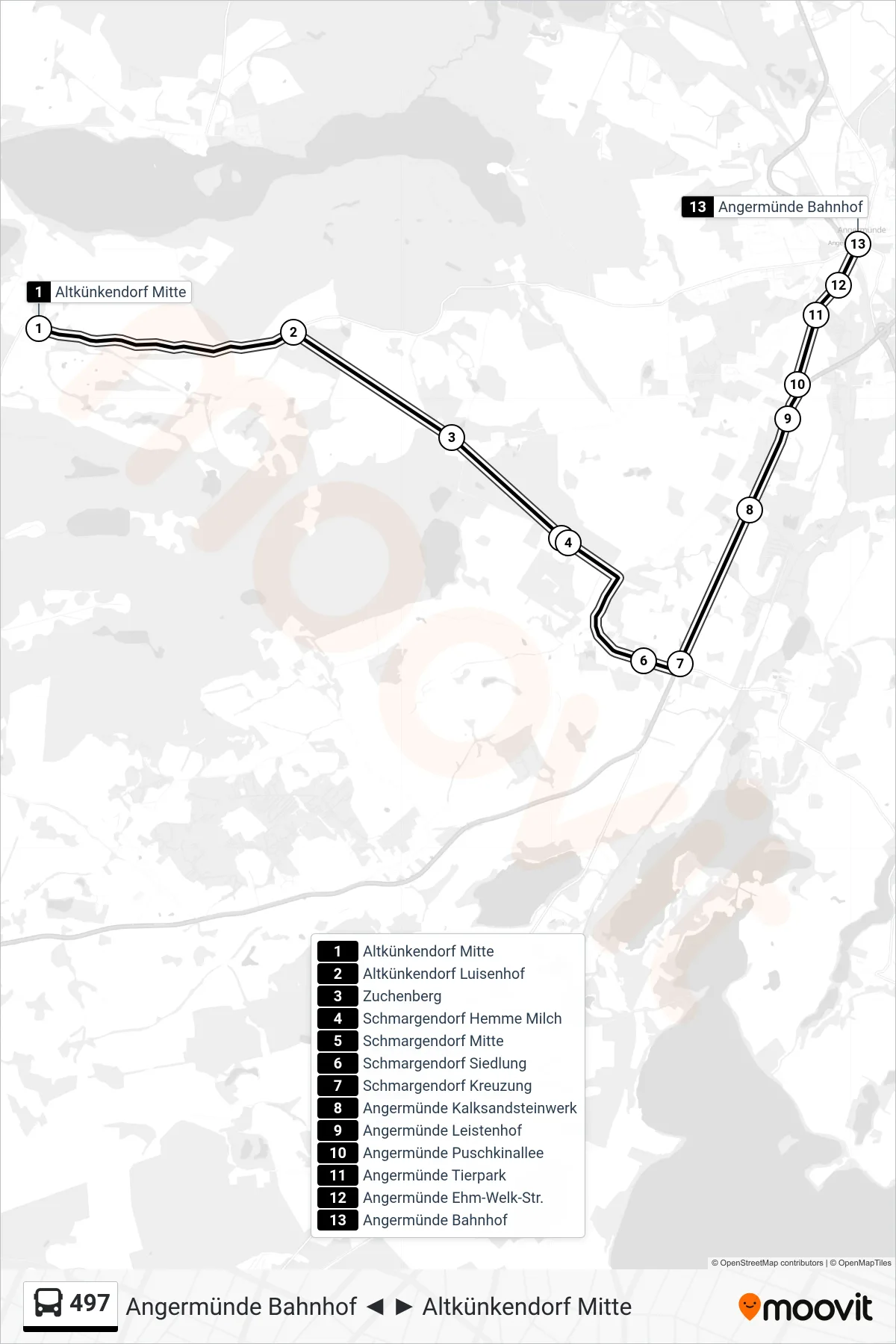 497 bus Line (Angermünde Bahnhof) route and stops on a map