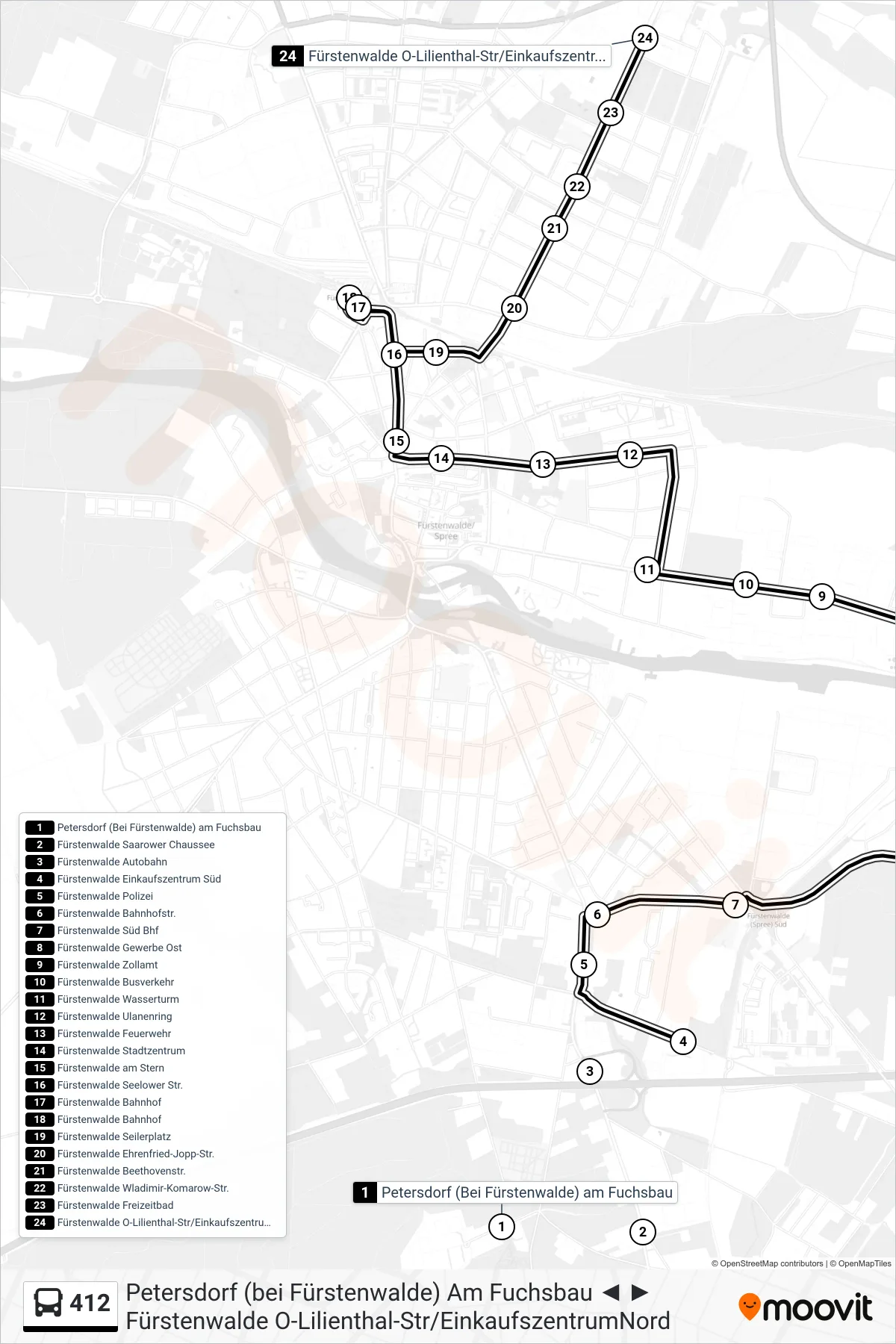 Linie 412 (Bus) Richtung Fürstenwalde O-Lilienthal-Str/Einkaufszentrumnord: Route und Haltestellen auf der Karte