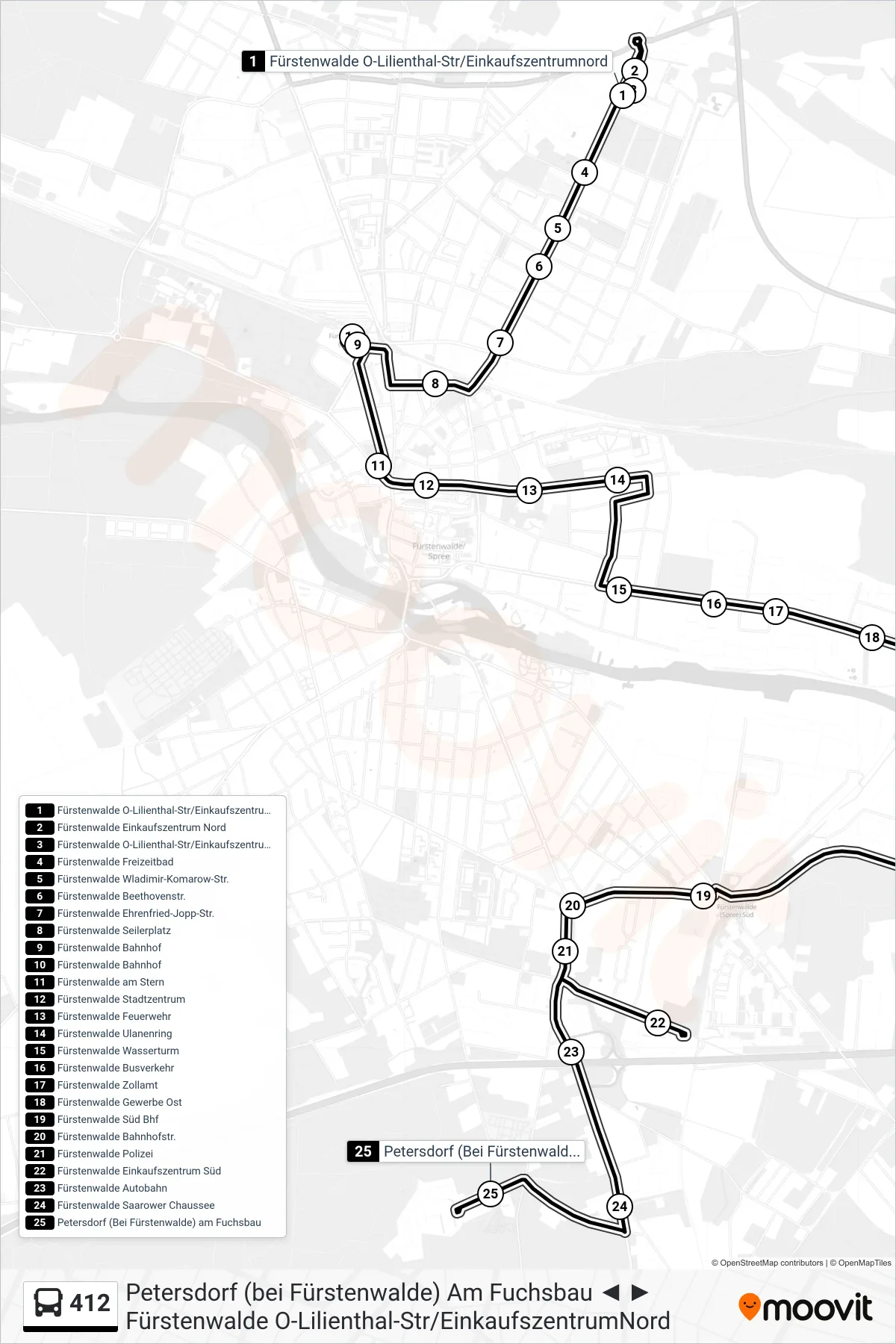 Linie 412 (Bus) Richtung Petersdorf (Bei Fürstenwalde) am Fuchsbau: Route und Haltestellen auf der Karte