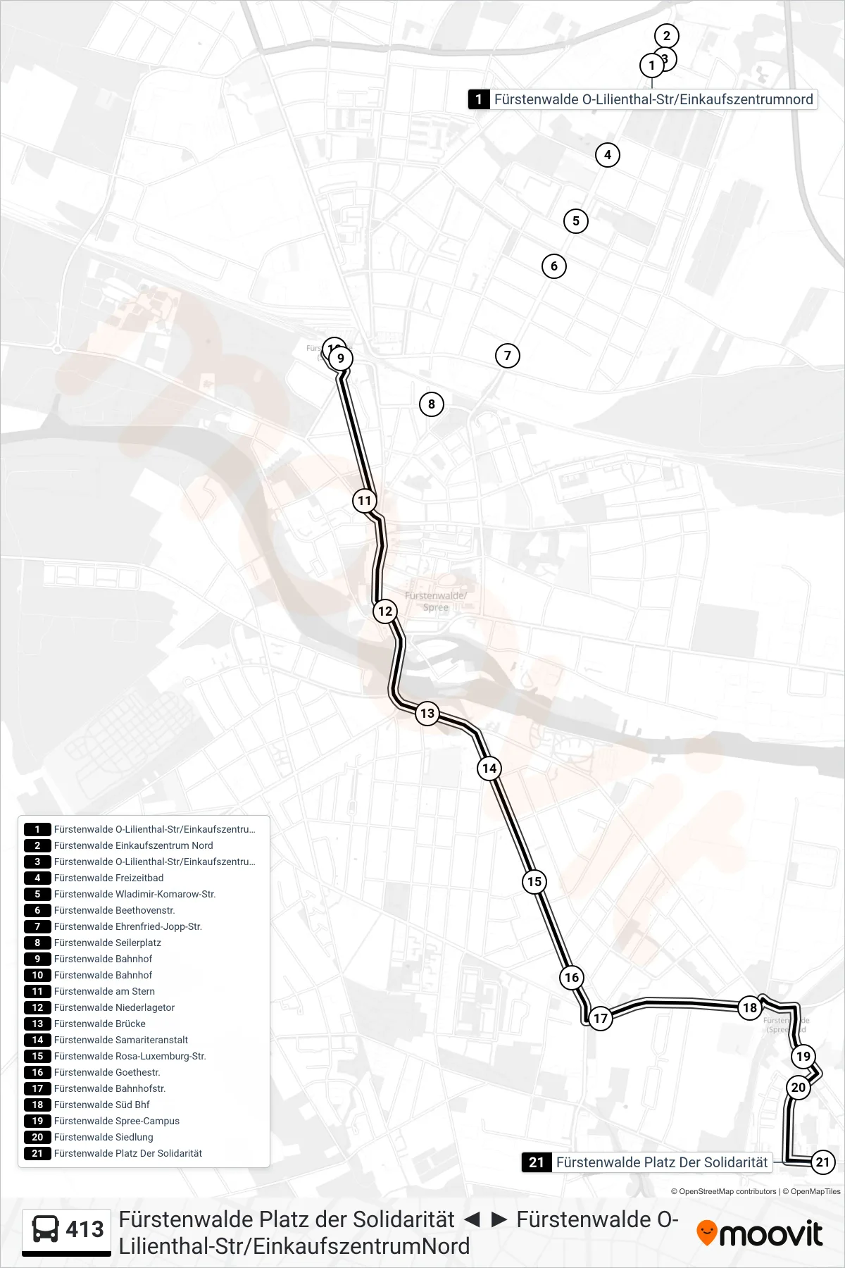 Linie 413 (Bus) Richtung Fürstenwalde Platz Der Solidarität: Route und Haltestellen auf der Karte