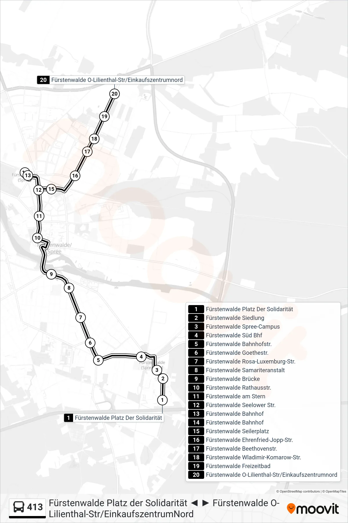 Linie 413 (Bus) Richtung Fürstenwalde O-Lilienthal-Str/Einkaufszentrumnord: Route und Haltestellen auf der Karte