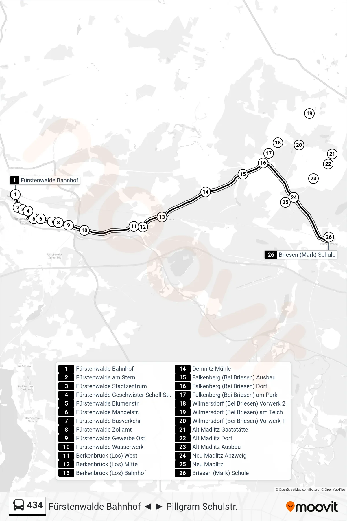 Linie 434 (Bus) Richtung Briesen (Mark) Schule: Route und Haltestellen auf der Karte