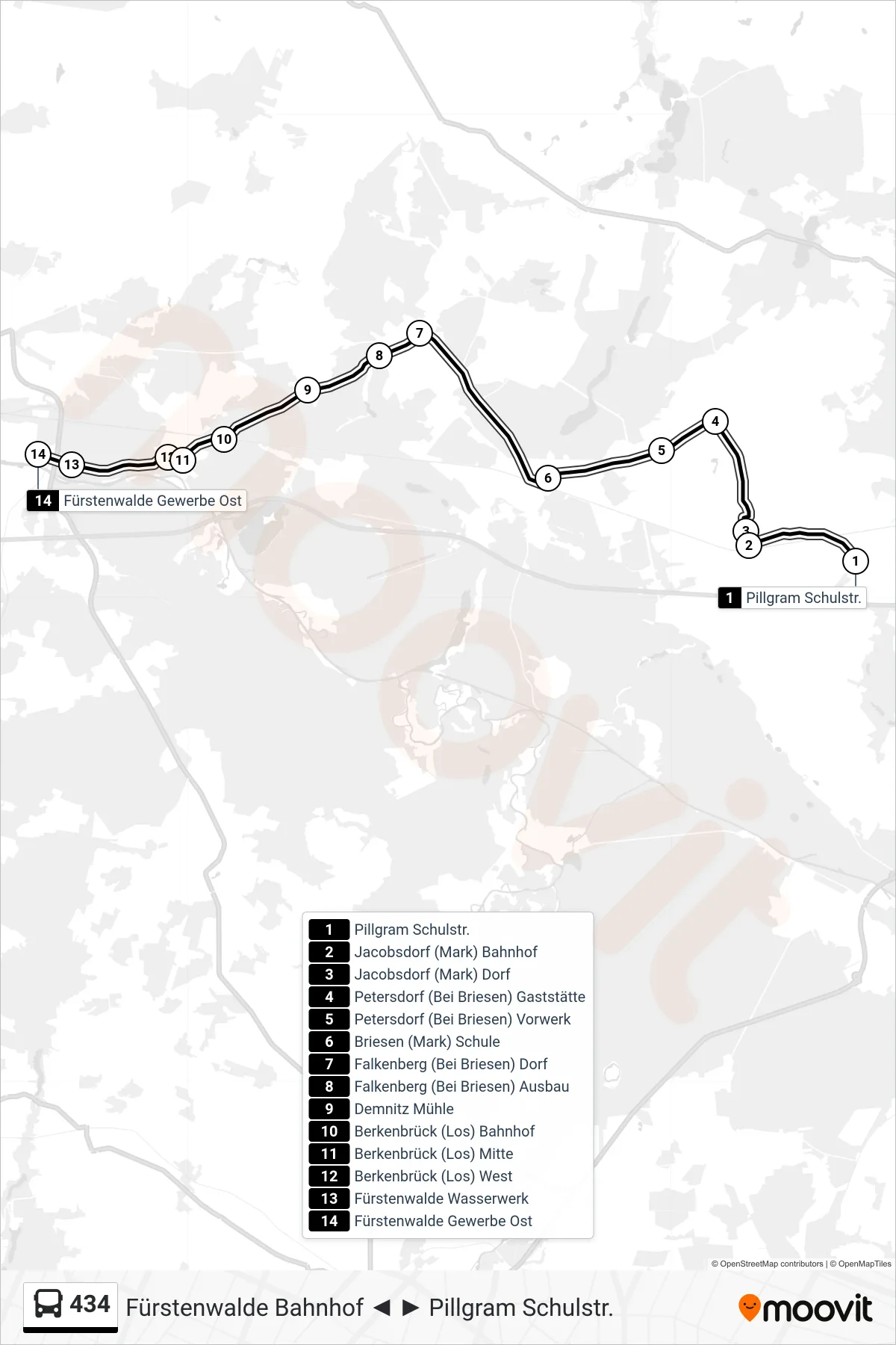 434 bus Line (Fürstenwalde Gewerbe Ost) route and stops on a map