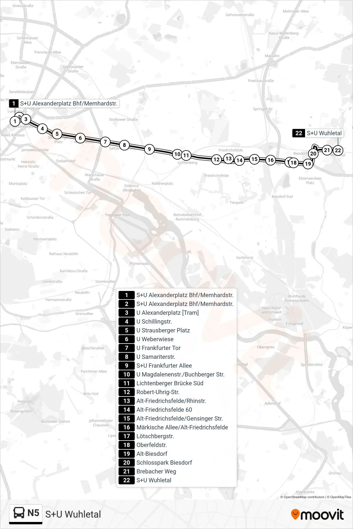 Linie N5 (Bus) Richtung S+U Wuhletal: Route und Haltestellen auf der Karte